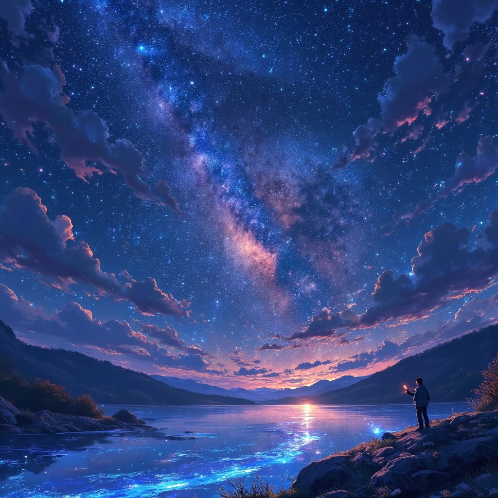 no humans, star (symbol), star (sky), sky, water, bottle, scenery, starry sky, artist name, night