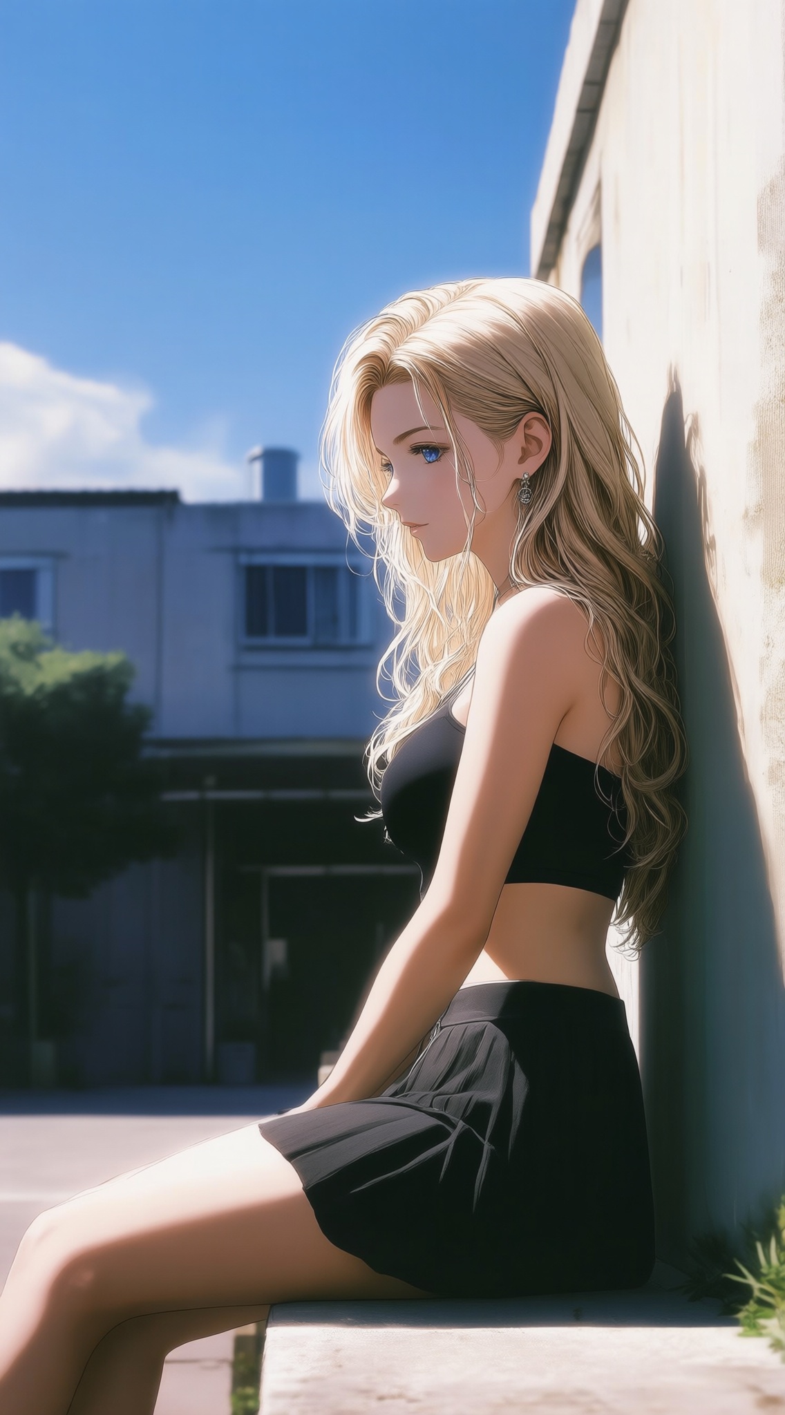 a digital illustration,, a photo-realistic shoot from the side about a young woman with long,wavy blonde hair sitting against a wall in a sunny outdoor setting,wearing a black crop top and matching skirt,the image also shows a clear blue sky and a few buildings in the background,on the middle of the image,a 20 years old woman with light skin,blonde hair,and blue eyes appears to be leaning against the wall with her legs crossed,she has a serene expression and is wearing earrings,her hair is styled in loose waves and falls down her back,her body is slim and she has bare shoulders,she is sitting on a bench in the outdoor setting,, Negative prompt: ng_deepnegative_v1_75t,(badhandv4:1.2),EasyNegative,(worst quality:2),,nsfw, Steps: 30, Sampler: Euler, CFG scale: 4.0, Seed: 2689964096, Size: 1142x2048, Model hash: 98763a1277, Model: Qwen-Image_1.0.safetensors, Denoising strength: 0, RNG: CPU, Lora 1: ZOZ_漫梦琉璃05~QWEN, Lora Hash 1: 5b64907f40, Lora Weight 1: 0.8, vae_name: automatic