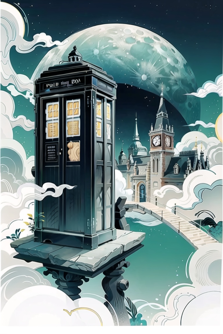 illustration,Telephone booth,moon,no humans,cloud,sky,full moon,traditional media,building,scenery,night,night sky,architecture,