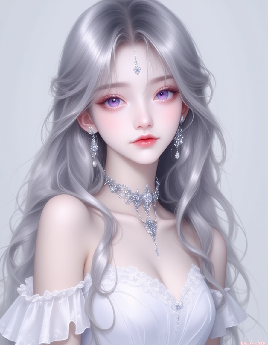 A digital painting of a young woman with long, wavy silver hair and a delicate, ethereal face. She has large, expressive purple eyes and a small, ornate nose. She is wearing a white, off-the-shoulder dress with lace detailing and a sparkling choker. The background is a soft, gradient gray, and the lighting is soft and diffused, creating a dreamy atmosphere. The style is realistic with a touch of fantasy. The woman has a serene, almost melancholic expression. The artwork is signed "Daisuke '23" in the bottom right corner.,<lora:动漫美女·3 (1):1>,