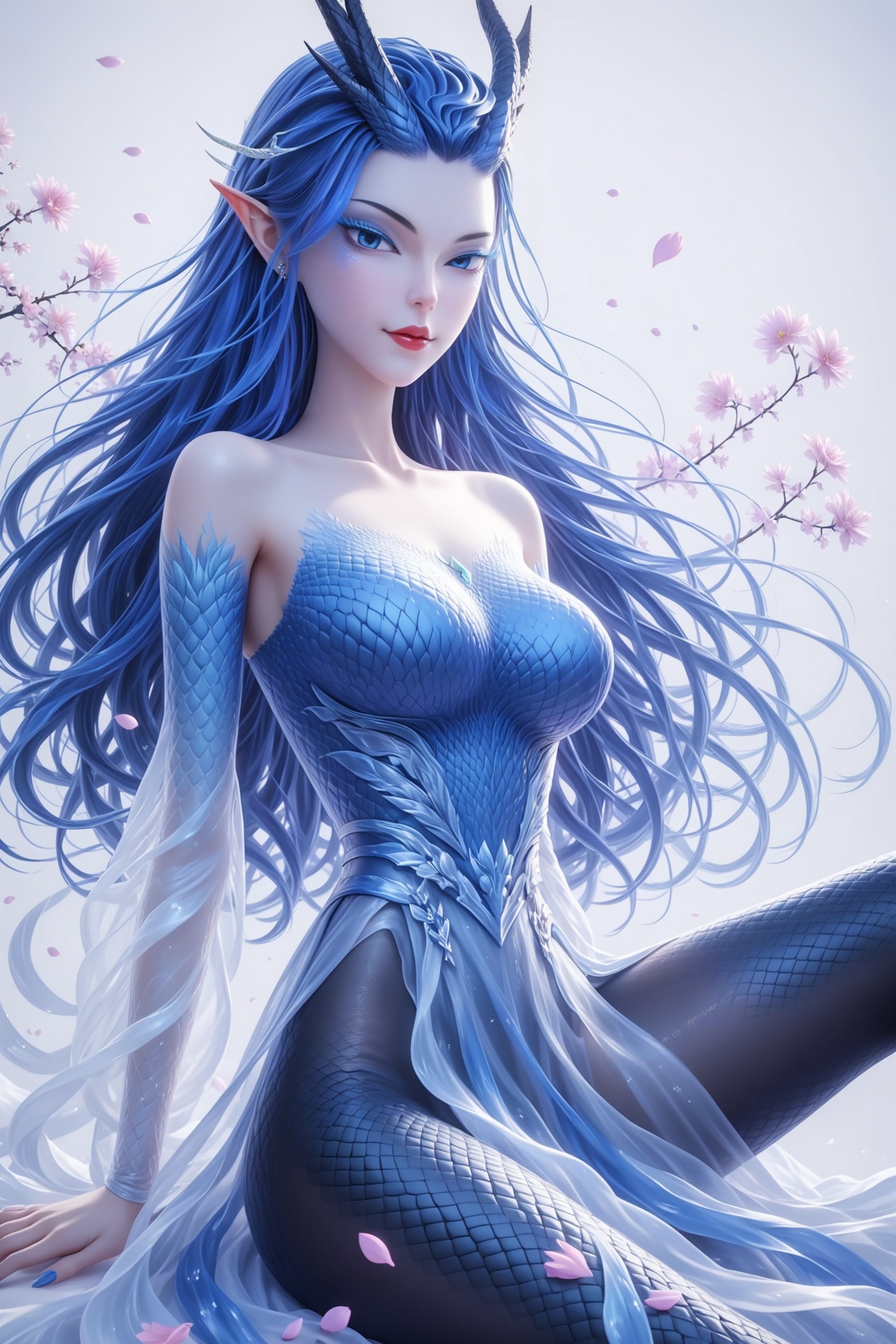 aorun,<lora:aorunXL:0.7>,score_9,score_8_up,source_anime,score_7_up,Dark light,dark scene,highly detailed,ultra-high resolution,32K UHD,sharp focus,best-quality,masterpiece,golden hour,unconventional supreme masterpiece,masterful details,temperate atmosphere,with a high-end texture,in the style of fashion photography,Dynamic Angle,(Dynamic posture:1.1),1girl,solo,large breasts,looking at viewer,long hair,blue hair,petals,horns,pointy ears,makeup,scales,pantyhose,sitting,spread legs,hands behind back,translucent,