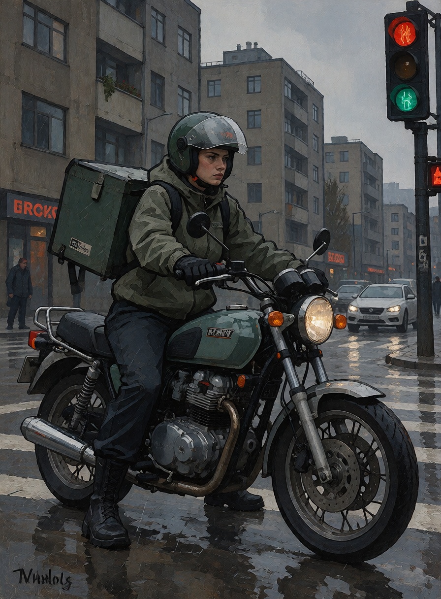 A young female motorcycle courier waiting at a traffic light on a rainy urban street,  wearing a dark green jacket and hel...