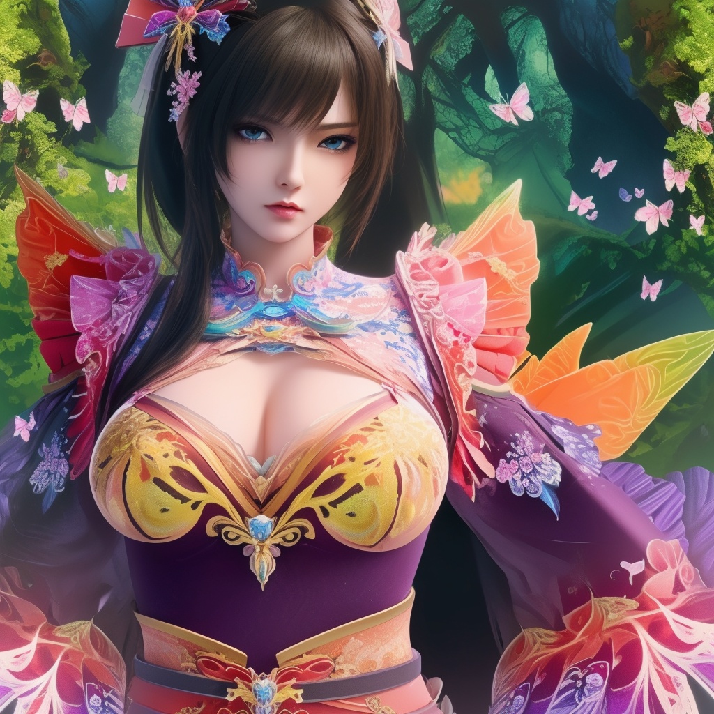 <lora:799-DA-神墓-楚钰:0.8>, (,1girl, ,best quality, ),,,anime,(masterpiece, top quality, best quality, official art, beautiful and aesthetic:1.2), (1girl)	, , (cleavage),, extreme detailed,(fractal art:1.3),colorful, flowers ,highest detailed,()    (cleavage),butterfly,  (),
