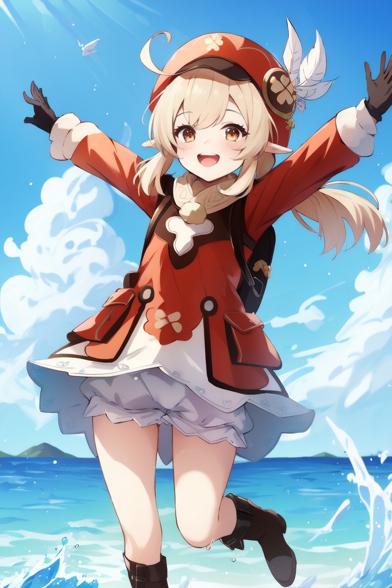 ((HRD, HUD, 8K)),((masterpiece, best quality)), highly detailed,Klee, 1girl, klee (genshin impact), hat, gloves, cabbie hat, pointy ears, smile, ahoge, twintails, pocket, solo, red coat, bangs, red headwear, hat feather, sidelocks, long sleeves, hair between eyes, looking at viewer, brown gloves, long hair, clover print, low twintails, :d, scarf, open mouth, coat, orange eyes, light brown hair, fish, hat ornament, brown scarf, sky, dodoco (genshin impact), blue sky, bag, depth of field, blurry, standing on one leg, jumpy dumpty, cloud, backpack, outstretched arms, bloomers, cloudy sky, ocean, spread arms, brown footwear, standing, underwear, randoseru, boots, horizon, splashing, water,  <lora:20240702-1719916281946:0.8>