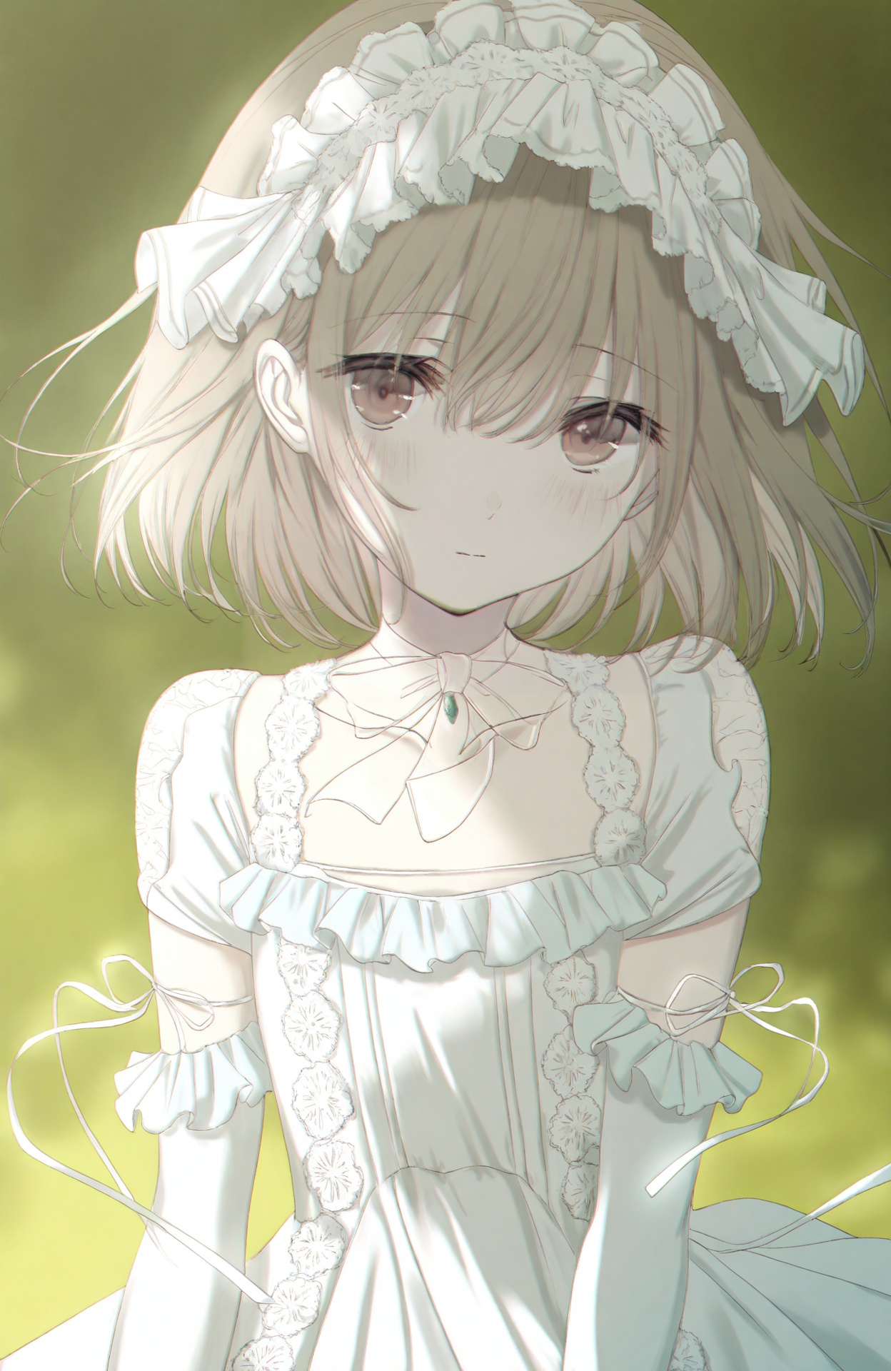 masterpiece,highres,absurdres,newest,best quality,loli,petite,high quality,chromatic_aberration,shiny_skin,//,,1girl,solo,brown_eyes,dress,looking_at_viewer,white_dress,flower,ribbon,closed_mouth,upper_body,brown_hair,bow,frills,elbow_gloves,short_sleeves,blurry,white_flower,hair_between_eyes,blush,hairband,blurry_background,white_ribbon,lolita_fashion,frilled_dress,short_hair,collarbone,jewelry,green_background,medium_hair,//,<lora:aestivation——【CKXL】hans:0.8>,