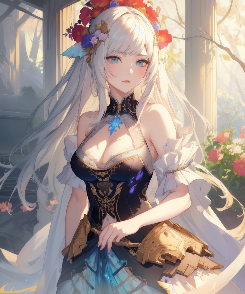(,1girl, ,best quality, ),looking at viewer, <lora:457-DA-天启姬:0.8> ,, ,,anime,(masterpiece, top quality, best quality, official art, beautiful and aesthetic:1.2), (1girl)	, , (cleavage),extreme detailed,(fractal art:1.3),colorful, flowers ,highest detailed,(by Jeremy Lipking)    (cleavage), (),