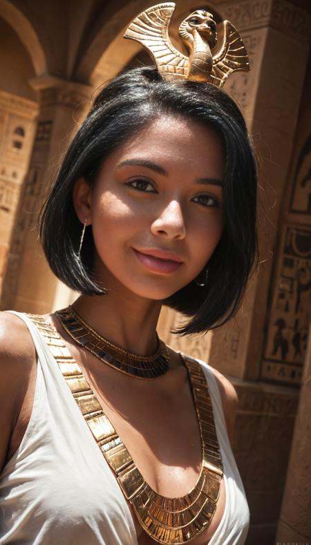 hyperrealistic, real human, raw photo, 8k, score_9, score_8_up, score_7_up,  Portrait, girl, ancient egyptian queen, cute, seductive, innocent, light smile:0.3, plump lips, slender body, black hair, bob cut, perfect ancient egyptian make-up:1.7, black kajal:1.6, medium percky breasts, intricate jewelry, golden headdress, captured in a walls adorned with hieroglyphics, depth of field, dynamic angle, fashion photography, sharp, hyperdetailed:1.15, <lora:Pony Realism Slider:2.95> (highly realistic:1.85), <lora:Dramatic Lighting Slider:1.1>, (dramatic lighting:1), front view,