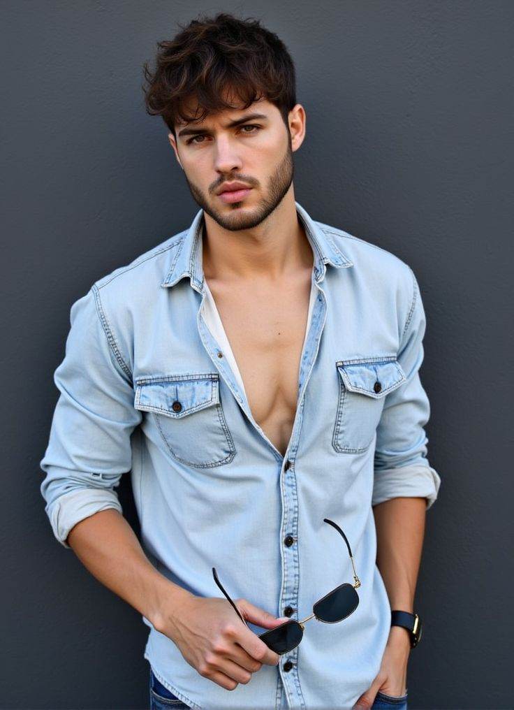 aaron owen ,  stands confidently in front of a dark gray wall. He wears a light denim shirt,  unbuttoned at the top on Ten...