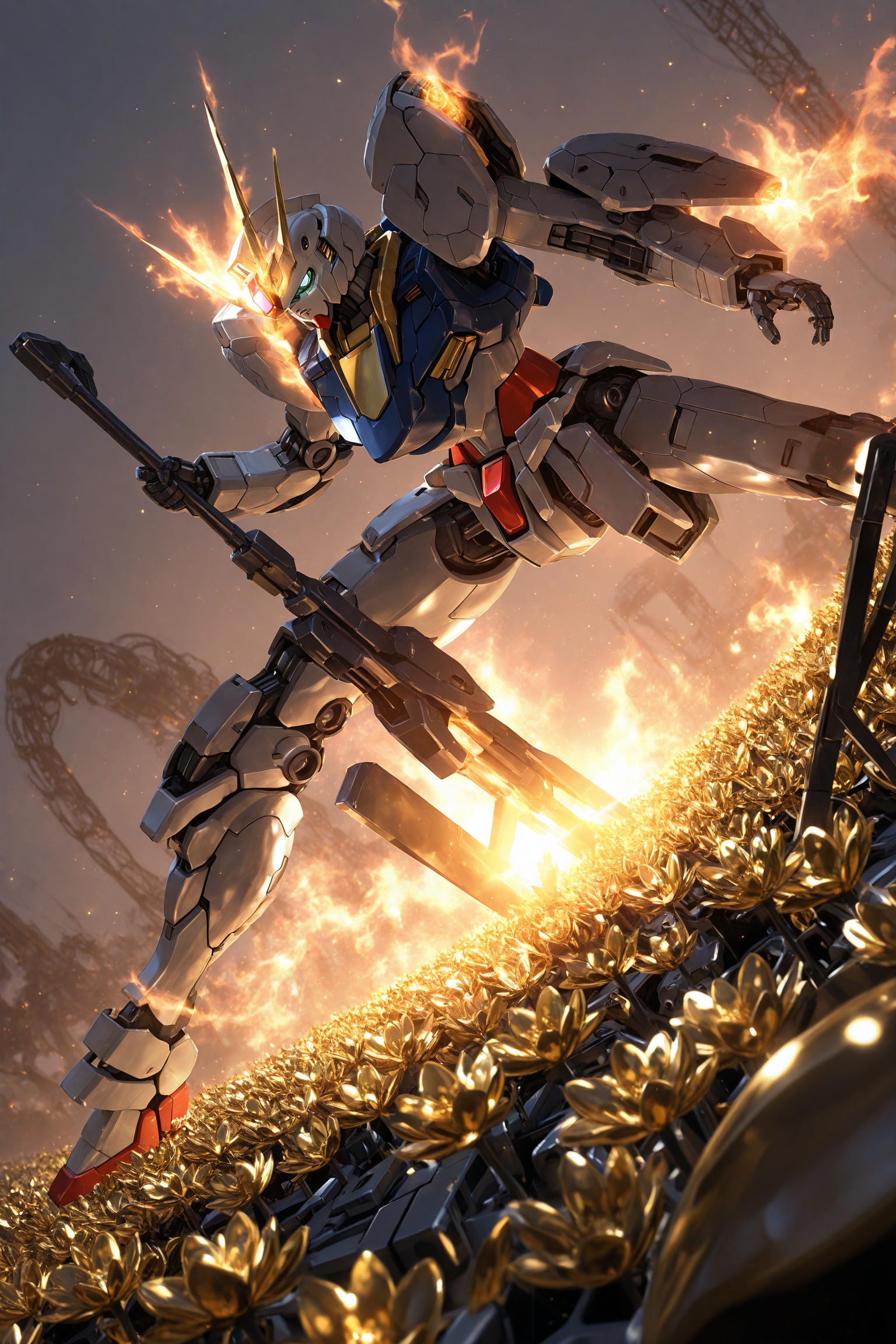 masterpiece,best quality,amazing quality,very aesthetic,absurdres,newest,extreme aesthetic,in the style of fashion photography,light particles,cinematic lighting,Visual impact,sharp focus,Emotionalization,depth of field,dutch angle,scenery,realistic,gundam suisei no majo,fighting_stance,weapon,gundam,cumbersome mechanical structure,metal material,gold,fire_flower,close-up,ray tracing,unreal engine,