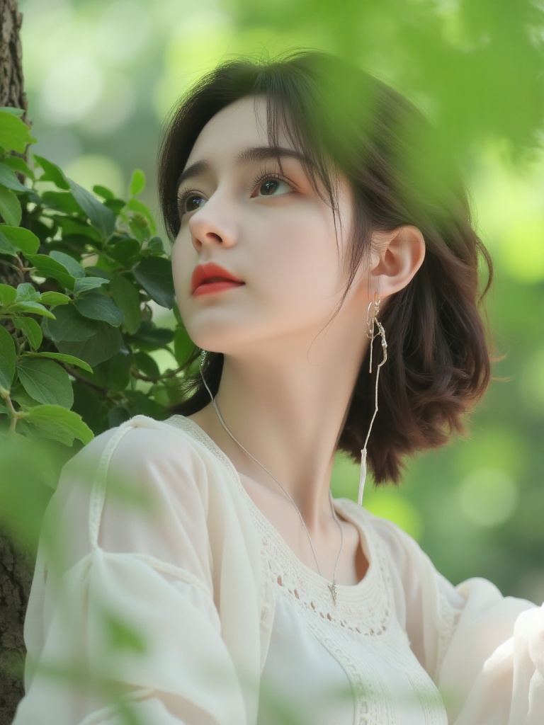 Chinese style-girl,XianNv,young Asian women,a serene moment of an individual immersed in music,as suggested by the headphones gently resting on their ears. The person is profiled against a soft-focus backdrop of lush greenery,with sunlight filtering through the foliage to create a dreamy bokeh effect. Shadows play across their delicate white attire,which appears airy and comfortable,perfectly suited for a tranquil outdoor setting. The subject's short hair frames a face turned slightly upwards,as if lost in thought or feeling the rhythm,evoking a sense of peaceful introspection.,
