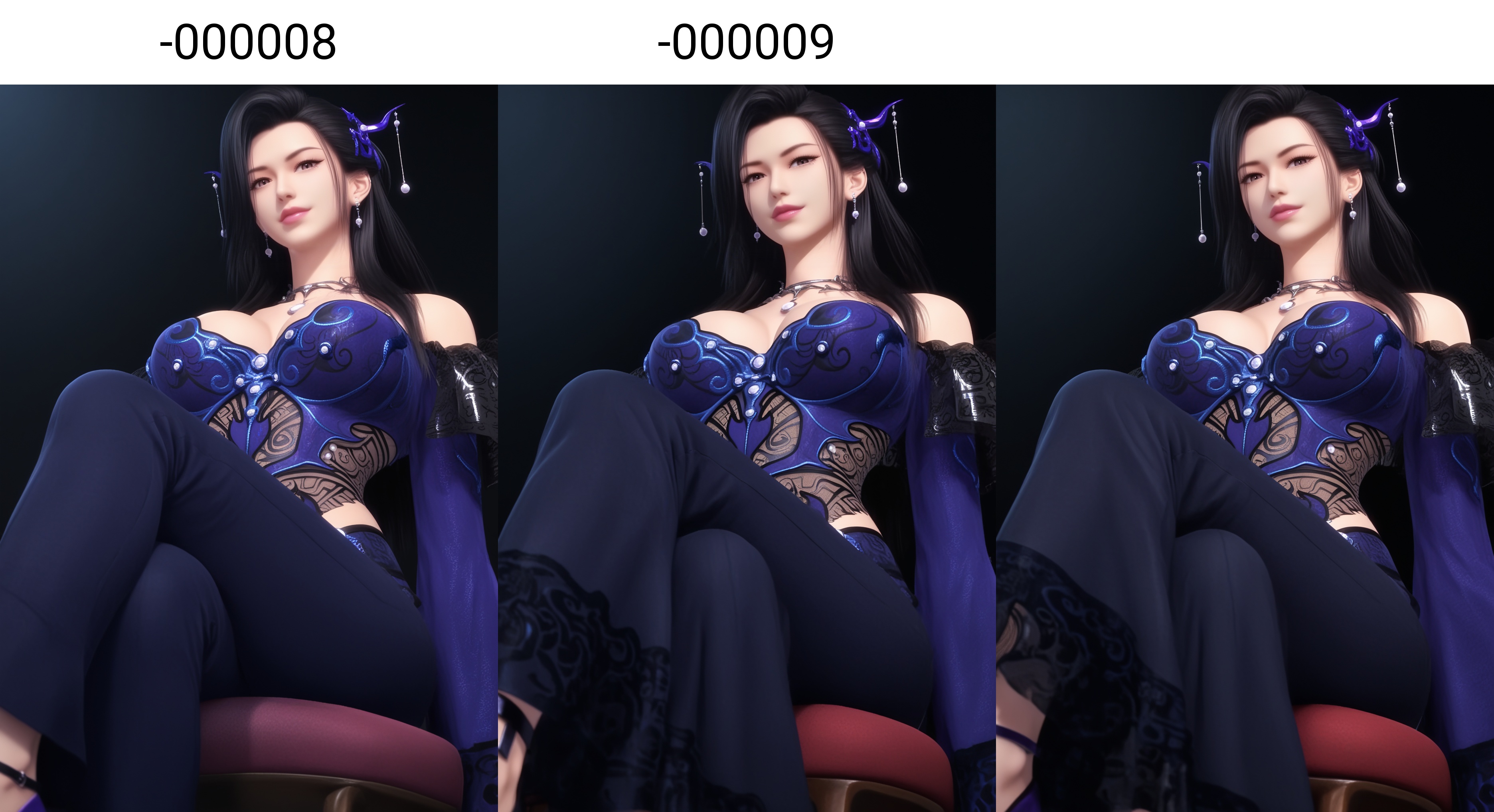 (score_9),masterpiece,best quality,absurdres,highres,(white_skin),light_skin,BREAKmature female,collarbone,narrow waist,wide hips,glamor,plump,<lora:潮女妖-ill-000008:0.83>,1girl,solo,long hair,black hair,makeup,jewelry,hair ornament,necklace,earrings,off-shoulder dress,detached sleeves,lace-trimmed dress,high heels, looking at viewer,front view,sitting, pov, from below, crossed legs, BREAKsimple background,black background,Tyndall effect,fog,