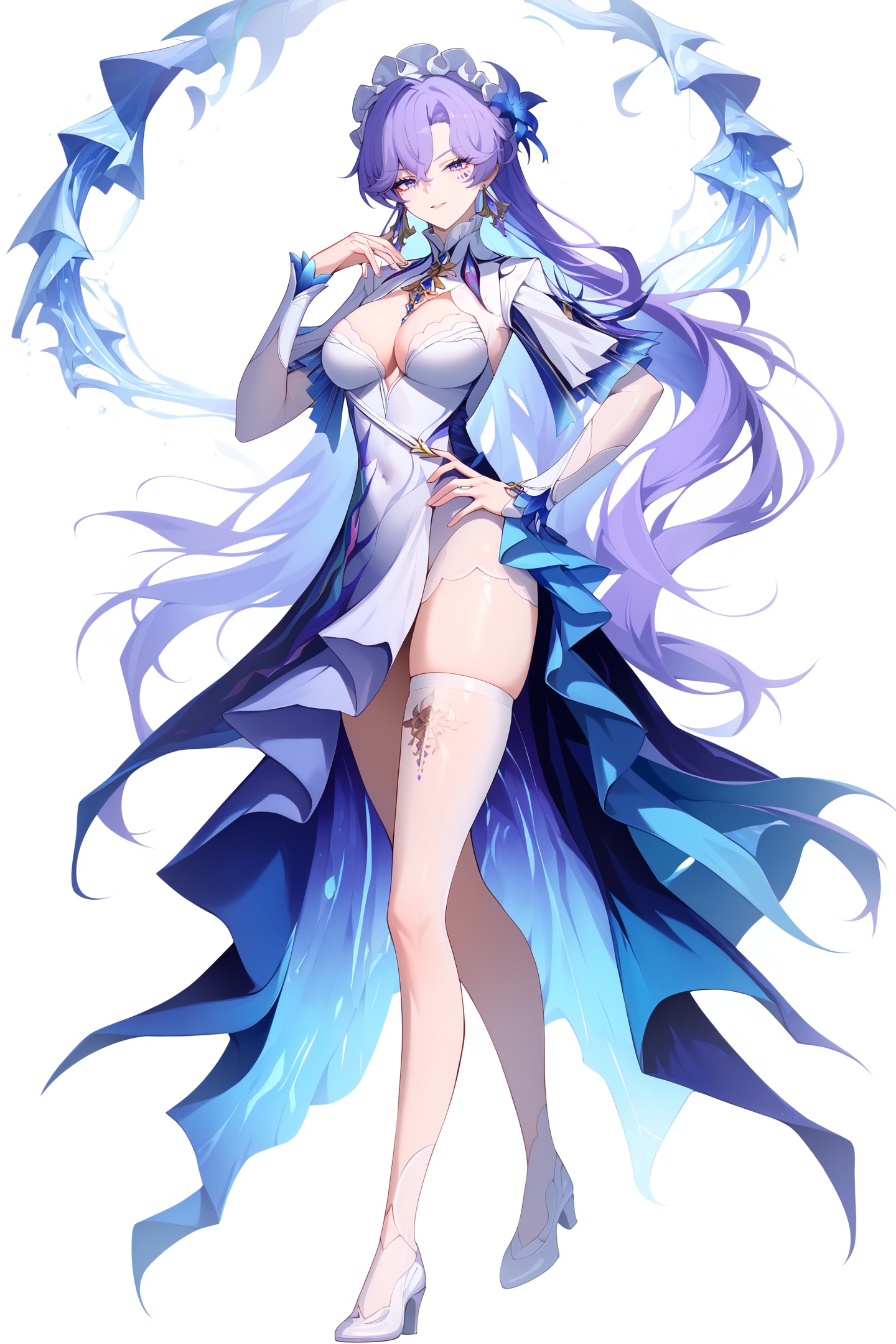 score_9,score_8_up,score_7_up,score_anime,8k,best quality,masterpiece,(ultra-detailed),(high detailed skin),(by nanoless, by misumi \(macaroni\),:0.5),<lora:YLI 0.1v:0.25>,<lora:style1:0.25>,A full-body portrait of a young girl,standing gracefully,pastel art style,high-key lighting,shoujo manga influence,hd quality,delicate details,full body,full shot,standing,looking at viewer,(solo:1.2),simple background,white background,hand on own hip,<lora:Cantarella-pony-Tanger:0.8>,Cantarella \(wuthering waves\),clothes: Cantarella def white dress,teardrop facial mark,1girl,breasts,long hair,purple hair,single thighhigh,earrings,cleavage,jewelry,white footwear,bangs,