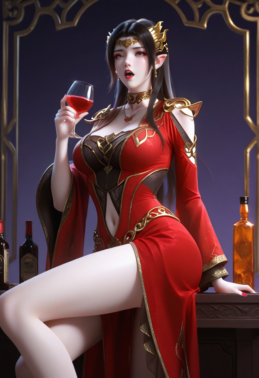 masterpiece,best_quality,(realistic:1.2),photorealistic,amazing quality,very aesthetic,absurdres,vibrant,newest,perfect body,detailled body,fair skin,pale_skin,velvet skin,curvy body,voluptuous body,skindentation,narrow waist,wide hips,full bust,curved silhouette,S-curve body,(wide pelvis:1.2),slim legs,(long legs:1.2),wide_shot,simple_background,Caramel Highlights on Dark Brown background wall,Smoky Purple background,(dim light, bottles, whiksy glass, drinking glass, drink, holding whisky glass, saliva:1.2),1girl,solo,open_mouth,bright red lips,knee_blush,<lora:美杜莎-000009:1>,meidusha_(doupo cangqiong),battle through the heavens,meidusha01,jewelry,hair ornament,pointy ears,red dress,clothing cutout,necklace,red nails,shoulder cutout,elf,circlet,choker,navel,navel cutout,long sleeves,cleavage,black hair,