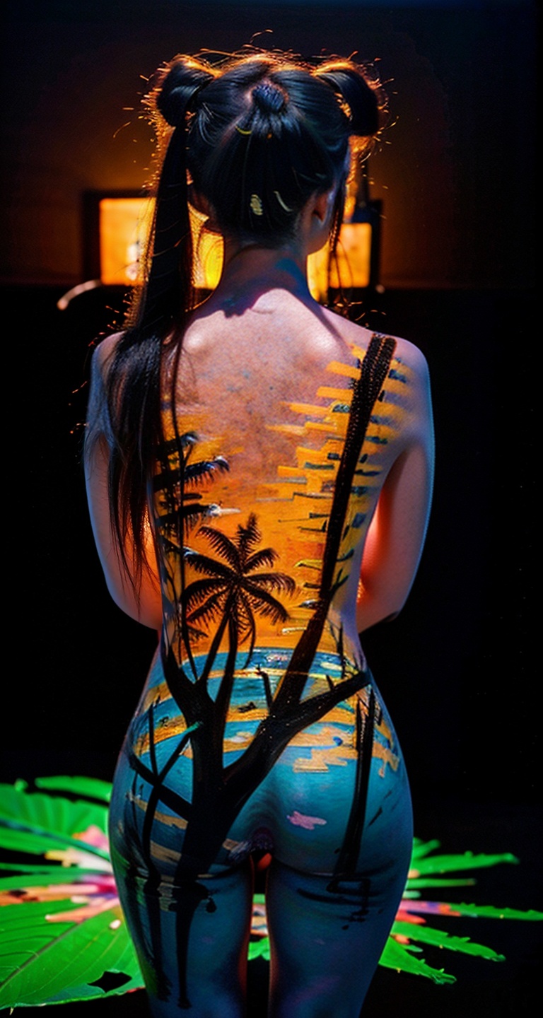 ((masterpiece)),((best quality)),(phot-relistic:1.4),8k,RAW photo,absurdreshyperdetailed,realistic,bokeh,depth of field,(Foreground blur:1.3),Deep Shadow,negative space,Minimalism,film grain,horror photography,vintage tone,high contrast,(dark blue theme:1.1),professional photography photos,emptiness,looking at viewer,((nude)),1girl,elegant,(sad:1.2),lazy,gloom,huge breasts,looking at viewer,walking, full body, double bun, ponytail,((Human fluorescence painting))Portrait photography of a captivating young anime girl,back,Stars, the sea, palm trees, <lora:aluoye_202312222人体荧光彩绘:0.9>