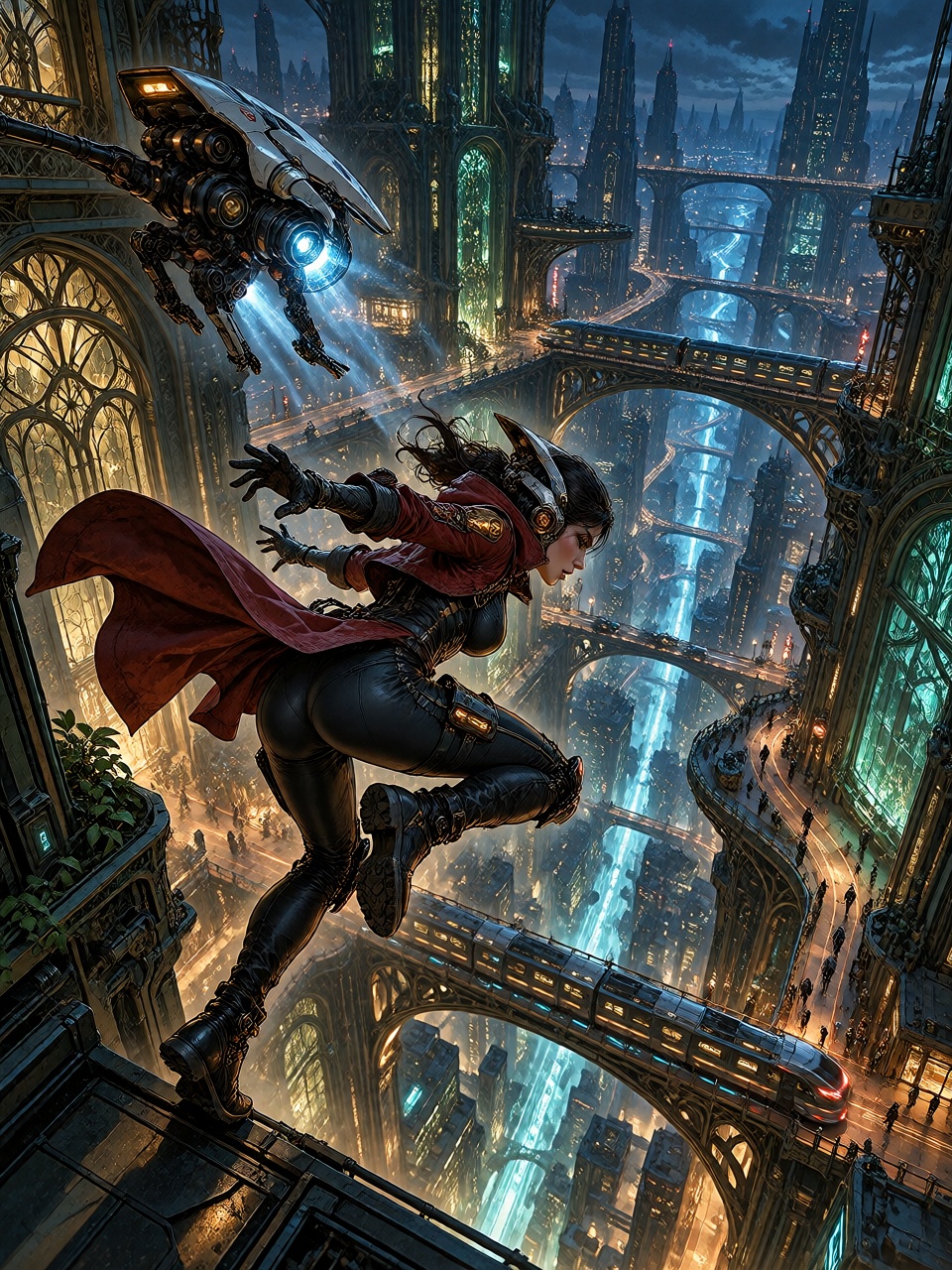 A cyberpunk thief leaping across an enormous gap between two futuristic rooftops,  her long red coat whipping violently in...