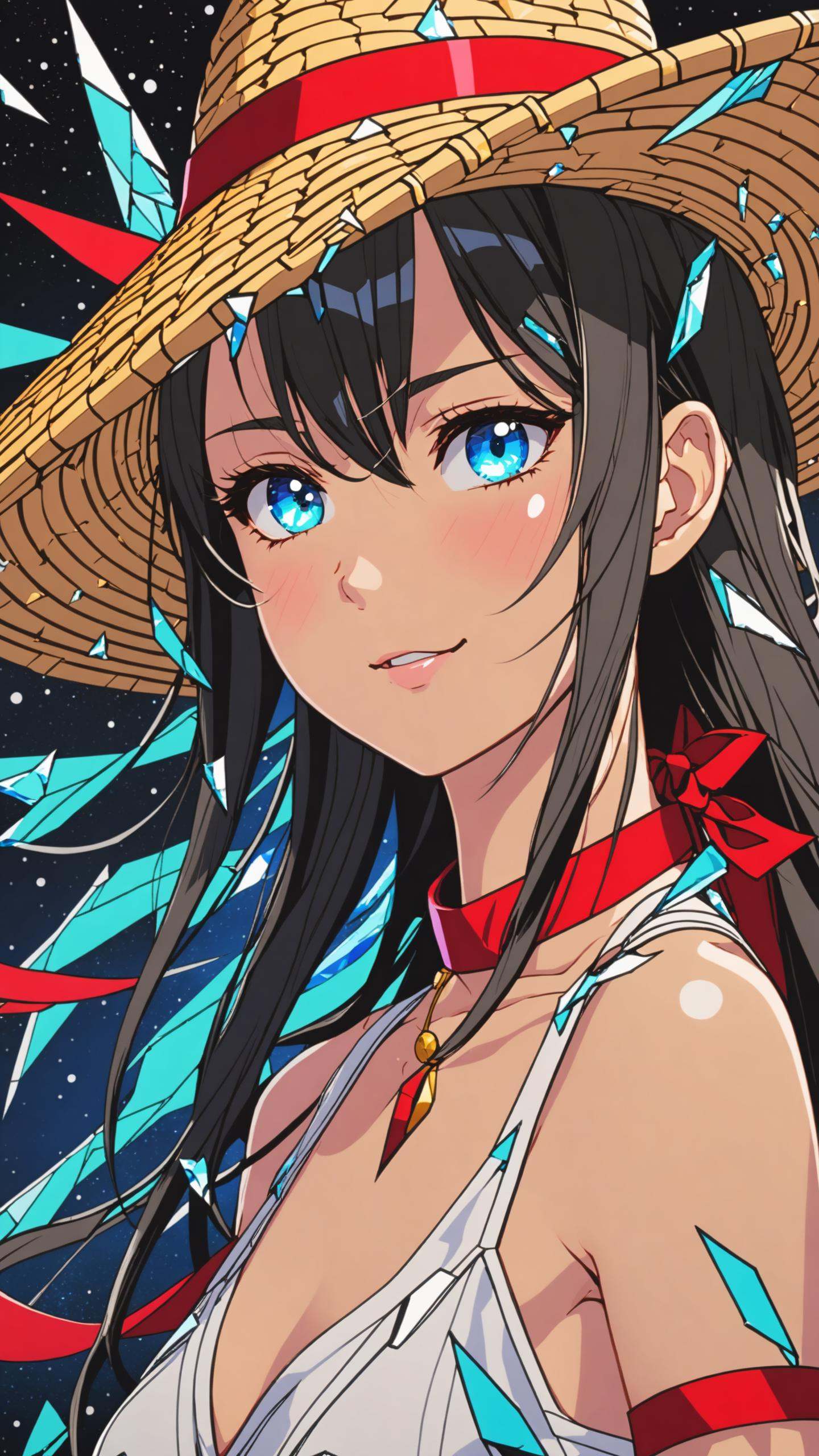 1girl, ****, (white camisole dress, straw hat, red sash belt:1.5), (cute face, sweet, smile, bare face, big eyes, open mouth:1.4), face closeup, black glitched hair, straight hair, long hair, cowboy shot, (dynamic pause, dynamic angle, walk on sandy beach, blue sky, white cloud, blue sea:1.3), japanese, japanese idol succubus, black eyes, (best quality, ultra high res, Realistic, RAW photo, portrait photography, photorealistic, detailed skin, fair skin, beautiful detailed eyes), neon lit broken glass in shape of woman, galactic canvas shattered hopes and dreams, crystalline breakage, cracks in the fabric of space, crystalline eyes, strokes of art, sharp edges and lines, artistic, neon colors, colorful, sharp, inter-dimensional cracks, limitless faults in the data, curved cracks, fragmented, breaking off, pieces of nature, fragments of destruction, fragments of dreams, story told in art, ultra detailed, intricate, masterpiece, best quality, detailed, highest quality, highest details, highres, vortex dream, cosmic color splash artwork, (opal chatoyance cloud background:1.2), trendy, wins awards, ultra HD, Panavision Millennium DXL2 8k, large format, 5K Super 35, true 4K anamorphic, realistic photo