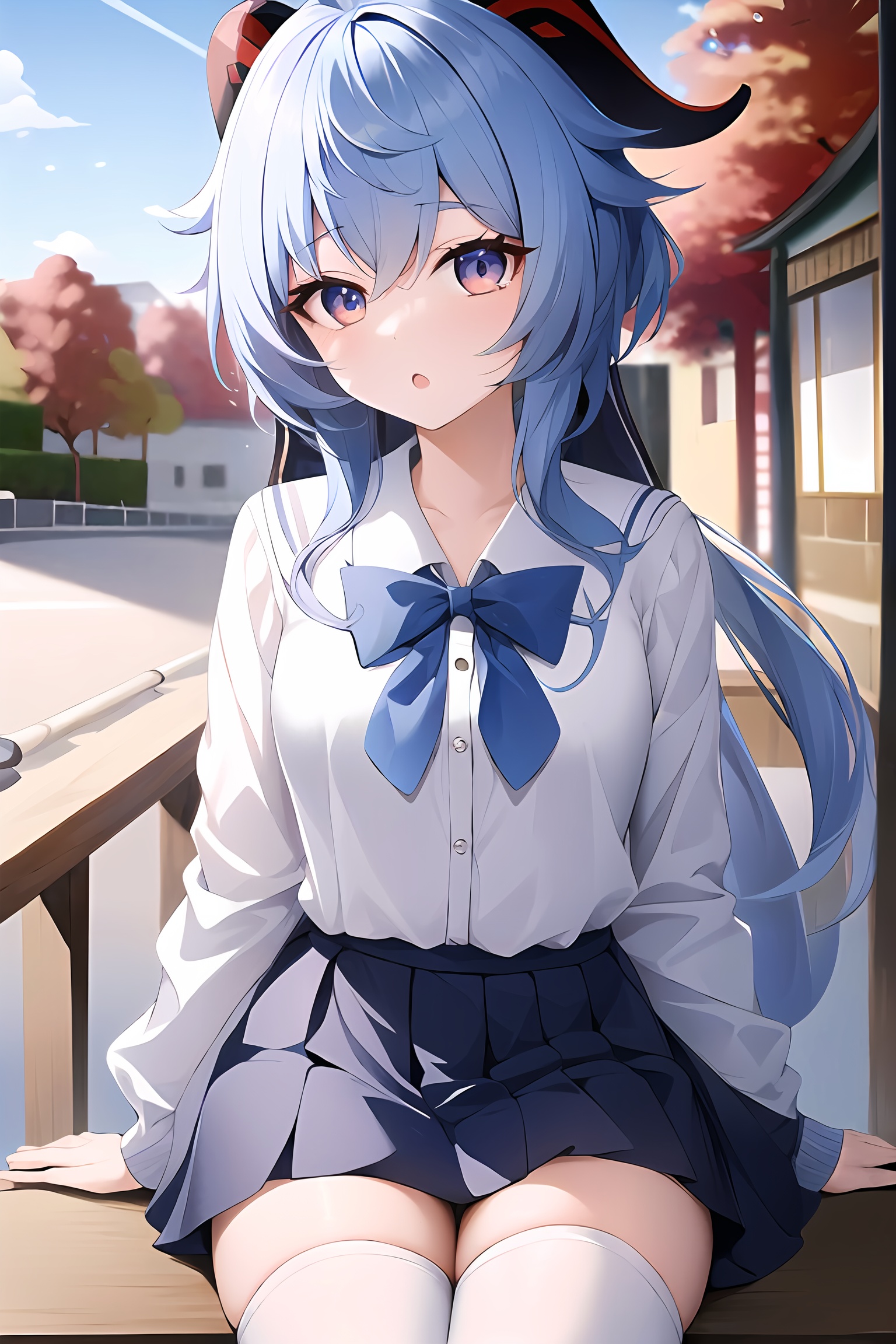 (masterpiece, best quality:1.2),insanely detailed,absurdres,ultra-highres,ultra-detailed,best quality,slender,kawaii,perfect symmetrical face,ultra cute girl,ultra cute face,ultra detailed eyes,ultra cute,ultra beautifu,<lora:ganyu_all-000001:0.8>,day,street,ganyu \(genshin impact\),1girl,solo,looking at viewer,school uniform,white thighhighs,:o,sitting,