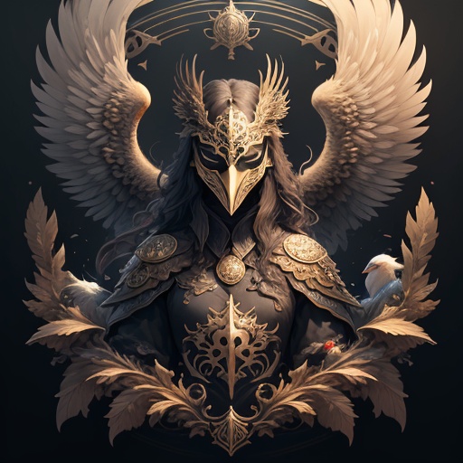 <lora:graphic badge:1>,(graphic badge:1.3), black background, wings, solo, 1girl, feathered wings, multiple wings, mask, simple background, closed eyes, upper body, head wings