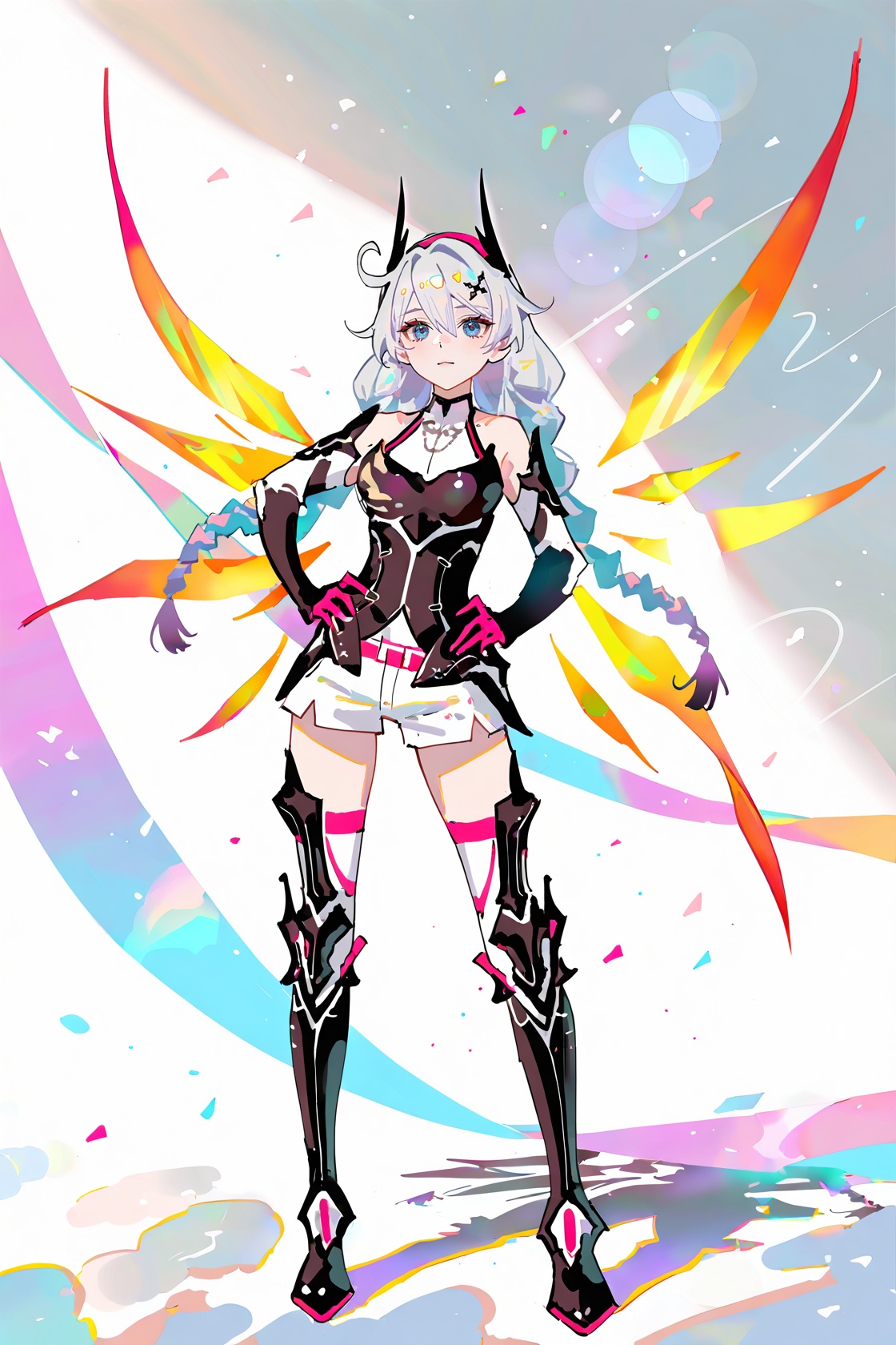 8k, best quality, masterpiece, (ultra-detailed), (high detailed skin), ((artist:reoen),(artist:fuzichoco),(artist:atdan),(artist:torino_aqua),year 2024:0.8)1girl, [artist:wlop], [artist:ningen_mame], artist:ciloranko, [[artist:rhasta]], artist:tidsean, colorful, detailed light, light leaks, sunlight, bokeh, blurry foreground, ray tracing, lens flare, cinematic lighting, full body, full shot, standing, looking at viewer, (solo:1.2), simple background, (white background:1.2), hand on own hip, (white background:1.1), <lora:kiana-young-noob-Tanger:0.8>, kiana kaslana, dark yueguang, dark yueguang black light armor, 4th clothes, 1girl, gloves, long hair, boots, thighhighs, energy wings, black footwear, hair ornament, braid, bangs, thigh boots, dark style, white shorts, A full-body portrait of a young girl, standing gracefully, pastel art style, high-key lighting, shoujo manga influence, hd quality, delicate details, 