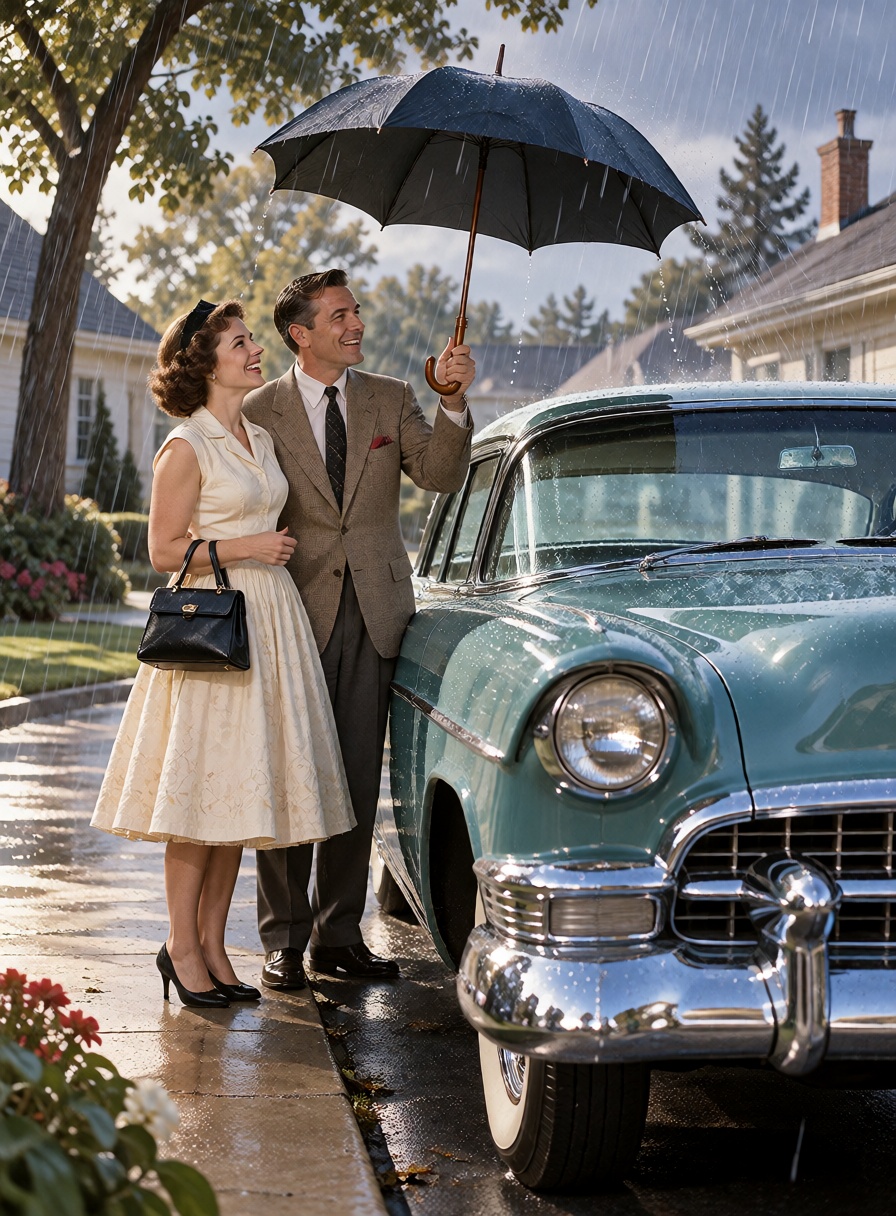 A perfectly dressed suburban couple proudly standing beside their new enormous chrome automobile while rain suddenly begin...