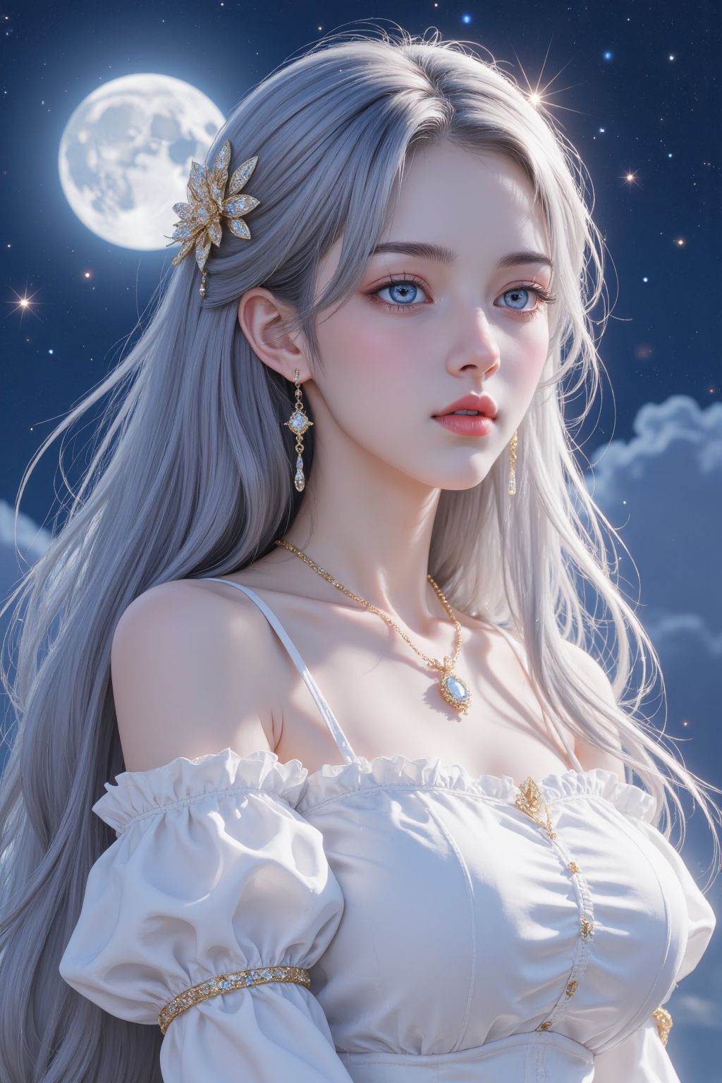 This is a digital painting in a highly detailed, realistic style. The subject is a young woman with long, flowing silver hair that cascades down her back and shoulders, adorned with a few small, star-like highlights. Her skin is fair with a subtle blush on her cheeks, giving her a delicate, ethereal appearance. She has large, expressive eyes with a soft, dreamy gaze and full, pink lips. Her outfit is an off-the-shoulder, white gown with puffy, ruffled sleeves and a high collar, which adds a touch of elegance and romance to her look. She wears a gold necklace with a large, sparkling pendant that catches the light, enhancing her regal aura. The background is a starry night sky with a full moon, its silvery glow illuminating her face and the gown. The night sky is a deep blue with scattered stars and a few faint, colorful nebulae, adding depth and a sense of cosmic wonder. The overall composition is serene and magical, with a blend of celestial elements and human beauty, creating a harmonious and enchanting scene. The painting captures a moment of quiet contemplation, with the woman seemingly gazing at the moon.