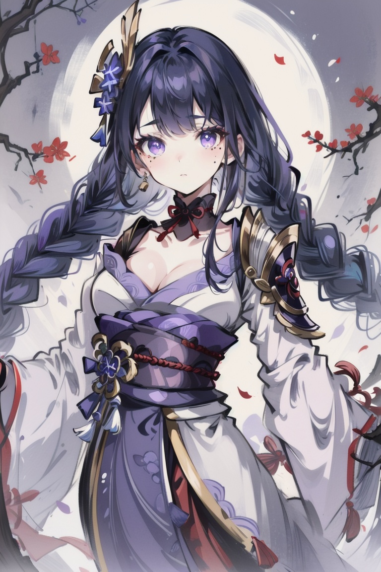 ((HRD, HUD, 8K)),((masterpiece, best quality)), highly detailed,YuanShen, 1girl, raiden shogun, solo, long hair, breasts, japanese clothes, purple hair, purple eyes, kimono, sash, cleavage, hair ornament, obi, braid, shoulder armor, armor, flower, wide sleeves, bangs, large breasts, bridal gauntlets, polearm, looking at viewer, obiage, obijime, tassel, long sleeves, mole, ribbon, closed mouth, mole under eye, electricity, <lora:20240318-1710771192163:0.9>