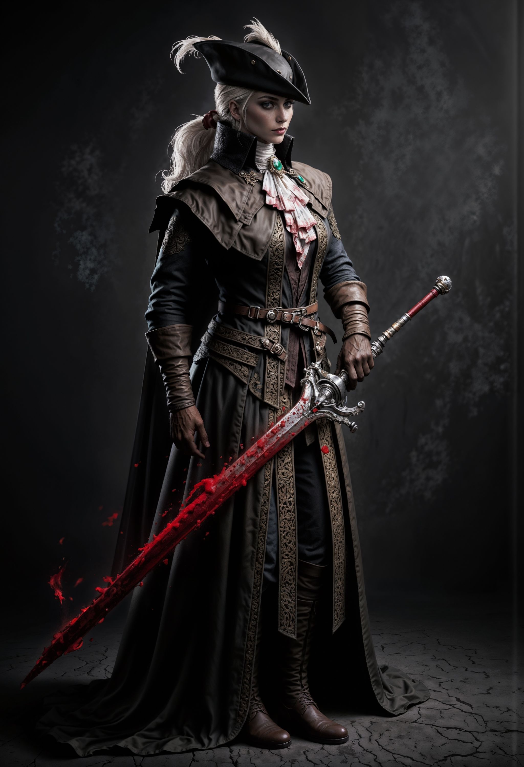 epic action scene of Lady Maria holding a bloody sword aidmaHyperrealism on Tensor.Art