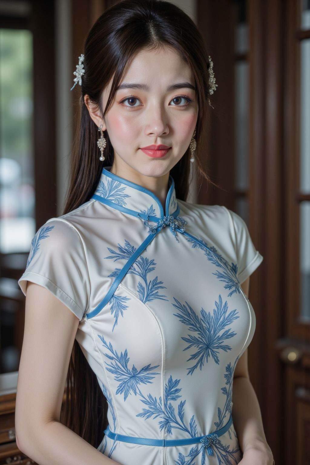 HDR photo of cinematic film still 1girl, solo, breasts, looking at viewer, brown hair, black hair, dress, brown eyes, jewelry, full body, short sleeves, earrings, parted lips, indoors, white dress, lips, window, chinese clothes, china dress, realistic, blue cheongsam, cheongsam, high heel shoes, street, road, . shallow depth of field, vignette, highly detailed, high budget, bokeh, cinemascope, moody, epic, gorgeous, film grain, grainy . High dynamic range, vivid, rich details, clear shadows and highlights, realistic, intense, enhanced contrast, highly detailed