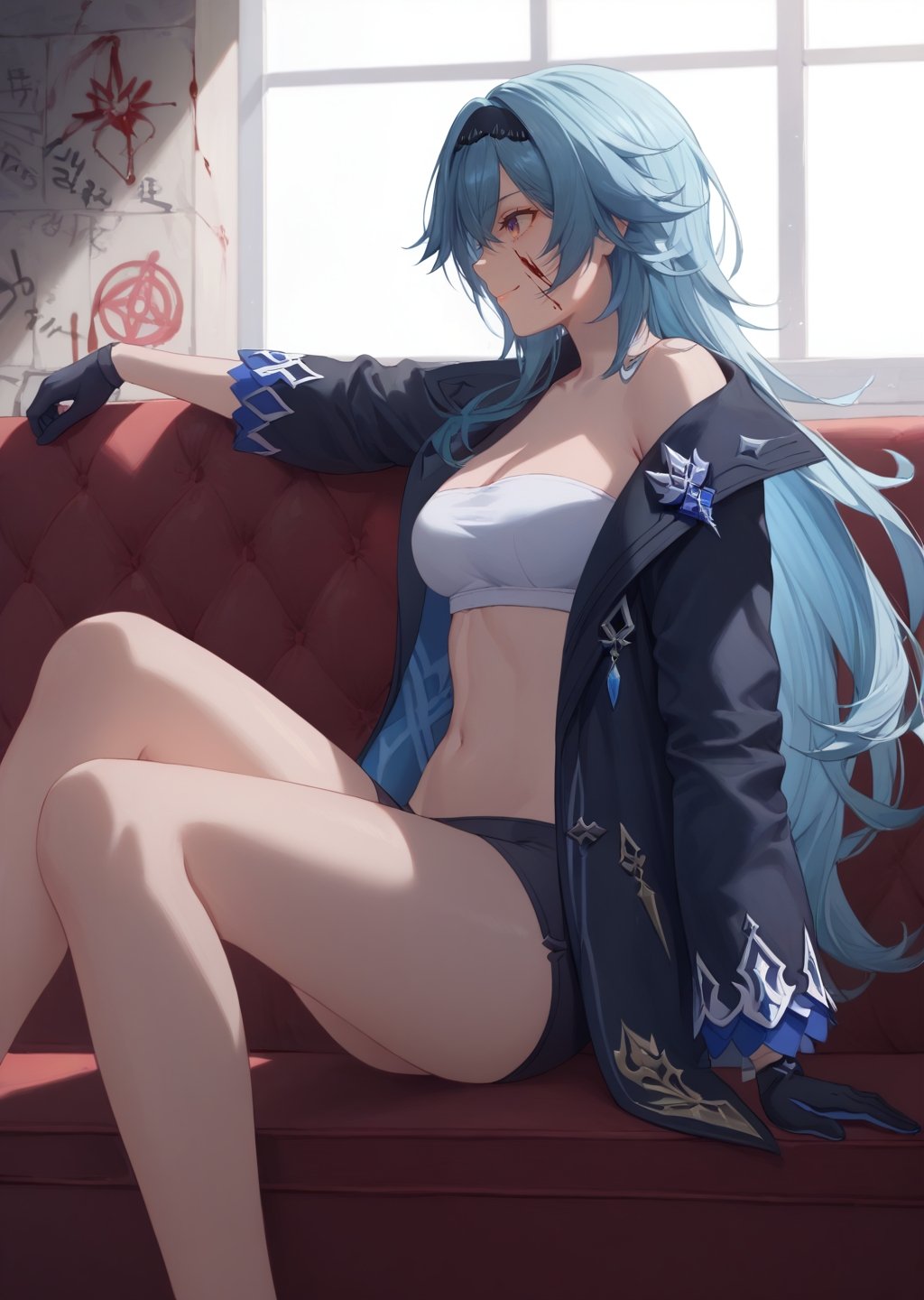 score_9,score_8_up,score_7_up,score_6_up,masterpiece,best quality,ultra-detailed,very aesthetic,absurdres,eula(Genshin Impact),1girl,blood,hairclip,jacket,open clothes,blood on face,black jacket,long sleeves,bandeau,scar,open jacket,sitting,scar across eye,scar on face,couch,black gloves,indoors,tube top,midriff,strapless,hair between eyes,very long hair,knee up,bare legs,hand on own stomach,from side,on couch,window,animal ear fluff,closed mouth,graffiti,reclining,profile,white bandeau,coat,sunlight,shorts,black coat,feet out of frame,high collar,smile,blood on clothes,thighs,