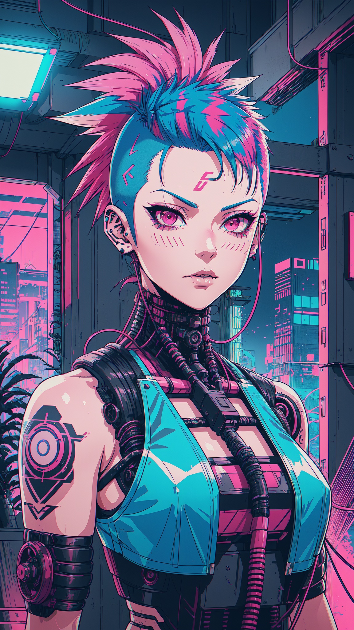 Virtual Realism,  A girl with short multicolored pink teal and blue hair faux hawk style,  red eyes on Tensor.Art