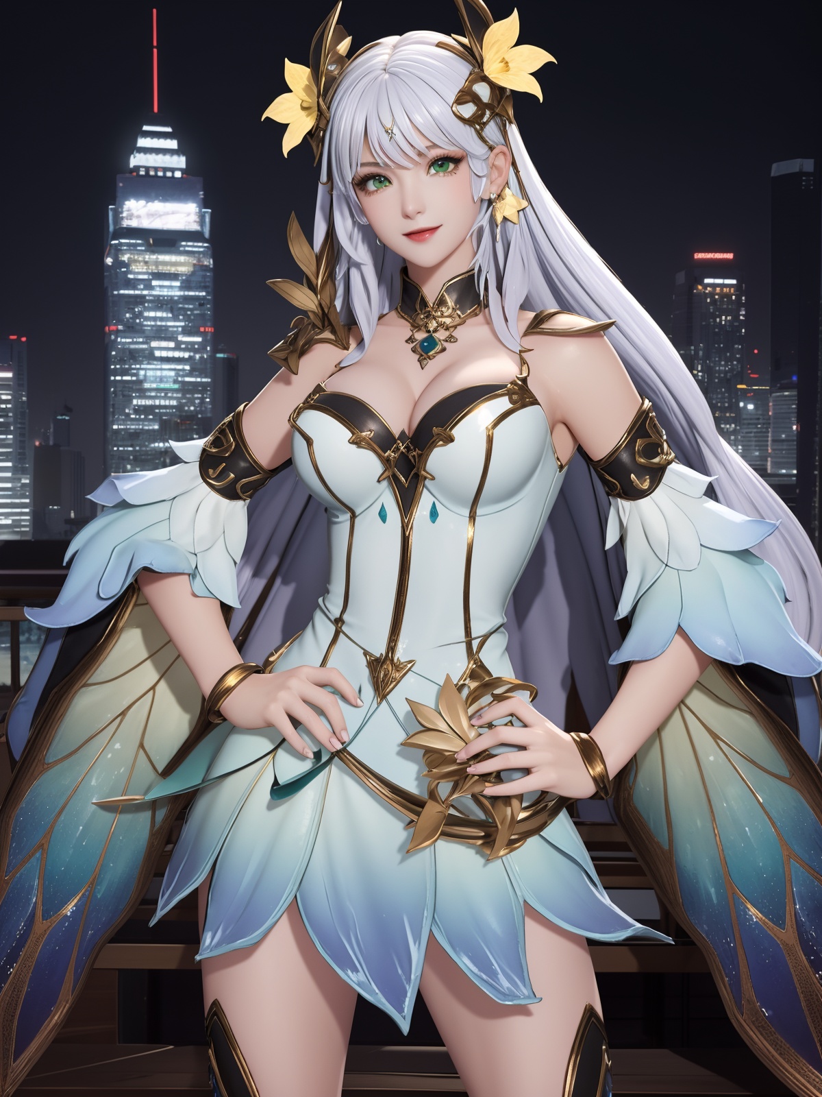 WZRYdiaochanJSZXY, 1girl, solo, long hair, dress, detached sleeves, white hair, looking at viewer, green eyes, hair ornament, high heel boots, <lora:WZRYdiaochanJSZXY:0.75>,cityscape, night,light smile,