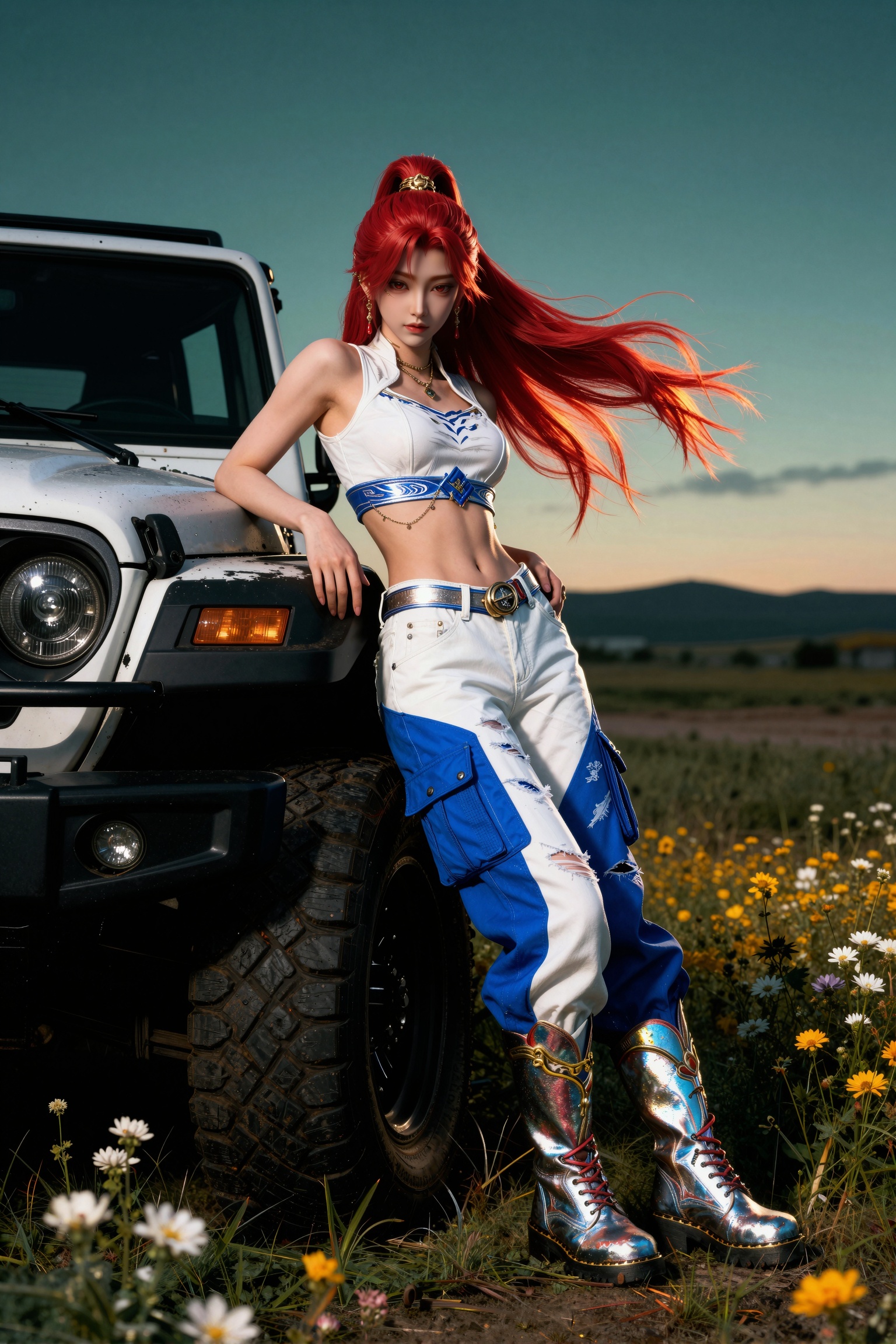 <lora:hye_lora_v2:0.5>,火允儿,她有一头长长的,飘逸的红头发梳着高高的马尾辫,戴着金色的发饰,red eyes,发梢上翘,半靠在越野车上,做旧的白色牛仔,钴蓝色工装裤,酷帅闪亮的马丁靴,靴筒包边镶嵌有闪亮金属材质,酷帅的金属皮带扣,倒三角身形,隐隐透出肌肉线条,旷野草地上散落白色黄色野花,废土风格场景,青橙黑金配色,wide_shot,胶片质感,暗调低光氛围,逆光剪影,高噪点效果,发梢飘逸动态捕捉,