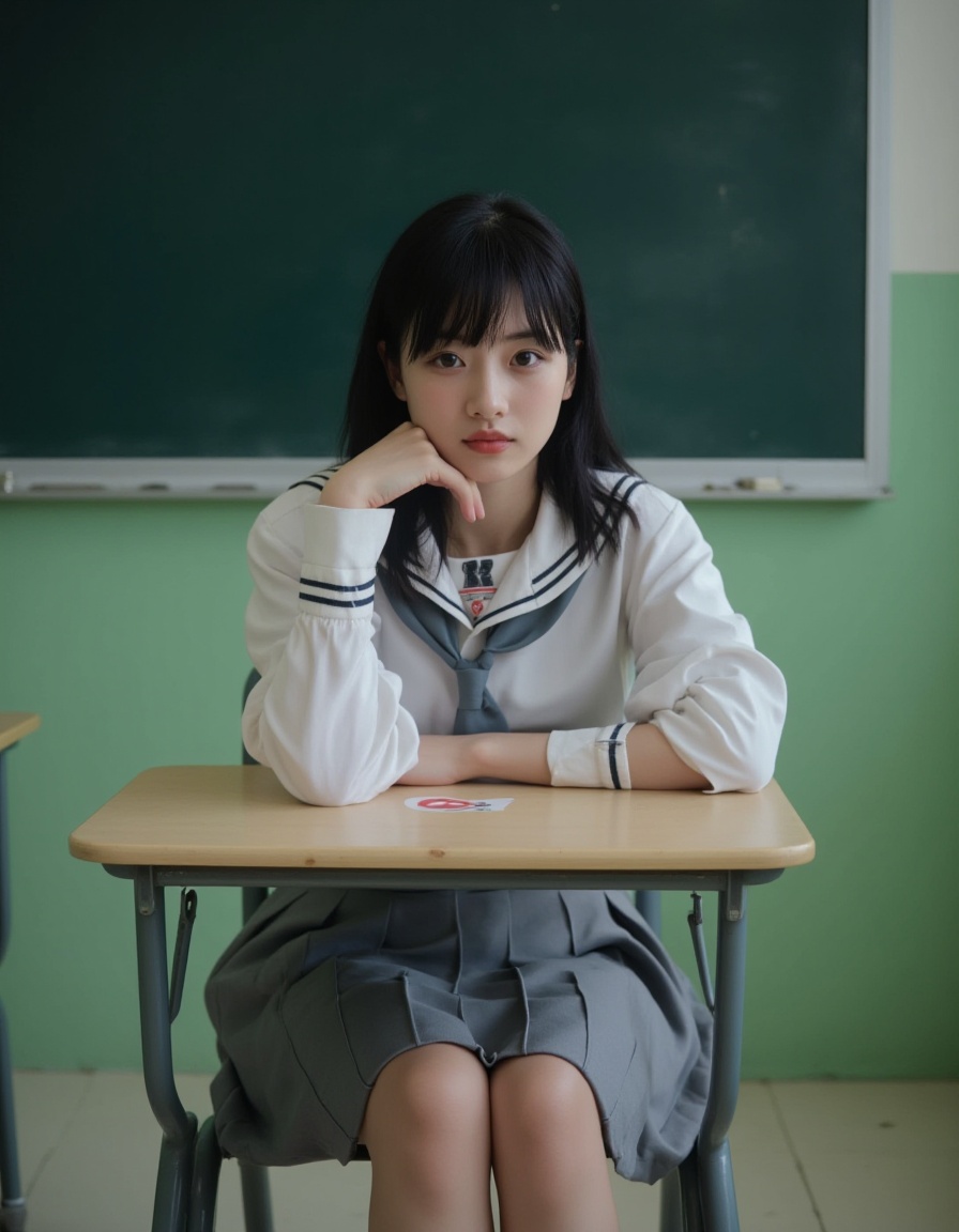 A photograph of a young Asian woman with straight black hair and bangs, sitting at a desk in a classroom. She wears a traditional Japanese schoolgirl uniform: a white blouse with black trim, a grey pleated skirt, and a grey necktie. Her expression is neutral, and she rests her chin on her right hand, which is touching her cheek. The classroom background features green walls and a blackboard on the left. The desk has a Japanese flag sticker. The overall mood is contemplative and slightly melancholic.