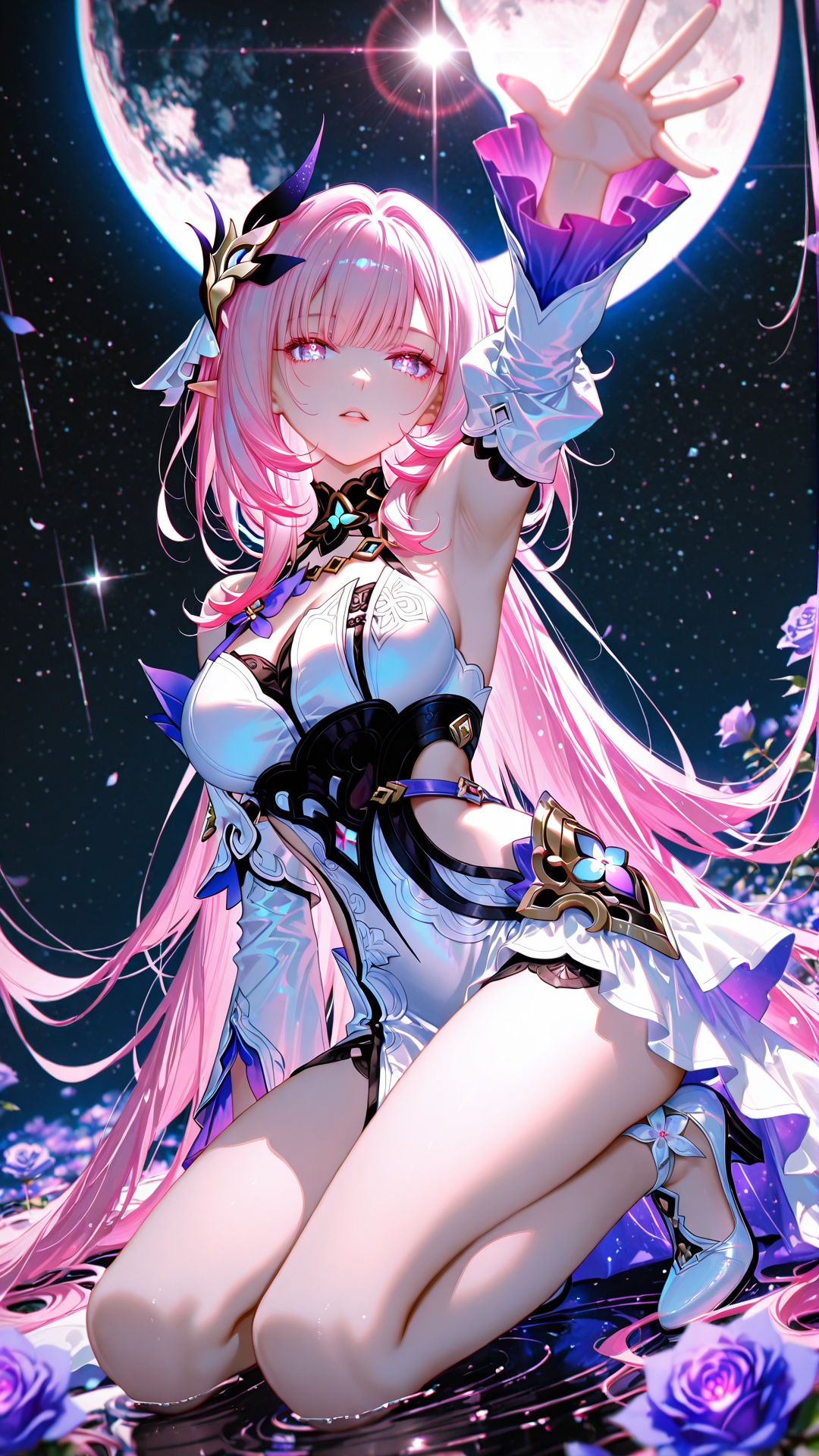 masterpiece,absurdres,best quality,high quality,chromatic_aberration,Night,darkness,black theme,loli, //, cyrene (honkai: star rail),cyrene (ripples of past reverie) (honkai: star rail),elysia (honkai impact), 1girl, pink hair, long hair, elysia (honkai impact), solo, pointy ears, dress, hair ornament, breasts, flower, pink eyes, armpits, white dress, bare shoulders, looking at viewer, very long hair, hair flower, arm up, parted lips, kneeling, multicolored eyes, purple flower, pink nails, rose, elf, open hand, diamond-shaped pupils, multicolored hair, detached sleeves, large breasts, hair spread out, moon, white footwear, side cutout, pink pupils, symbol-shaped pupils, star (sky), outstretched arm //, photorealistic,Artist:na-ga,(quasarcake:0.2),(wanke:0.9),[Artist:chen bin],Artist:tidsean,[Artist:sk (askzy)],(artist:tokkyu:0.5),(artist:momoko \(momopoco\):0.5),himitsu_(hi_mi_tsu_2), //, highres,HDR,8K,high contrast,illustration,depth of field,(colorful),Tyndall effect,contrast,lens flare,