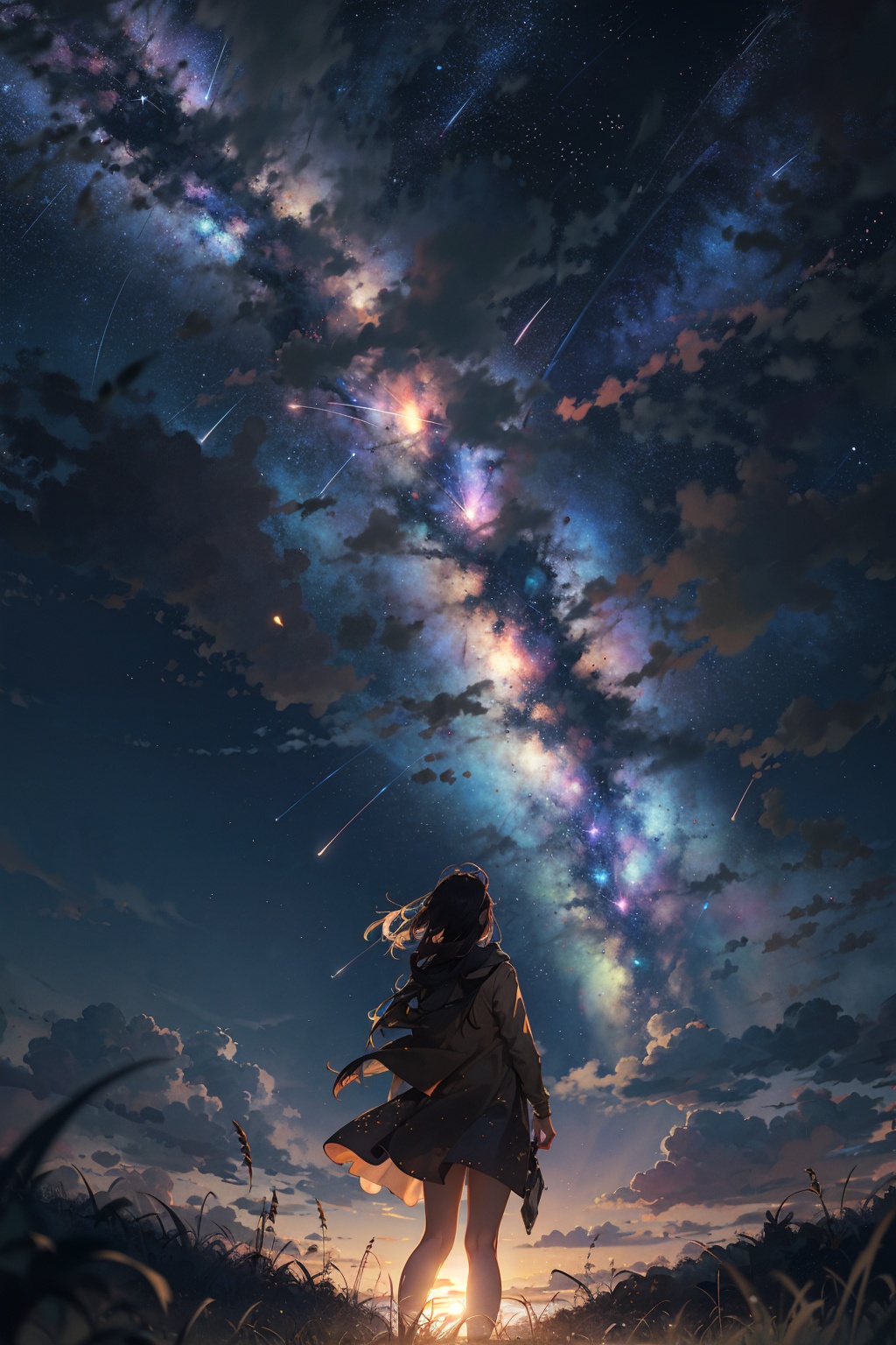 masterpiece,best quality,from behind,your name,1girl,solo,far away,silhouette,grass,nature,open field,landscape,night,shooting star,starry sky,