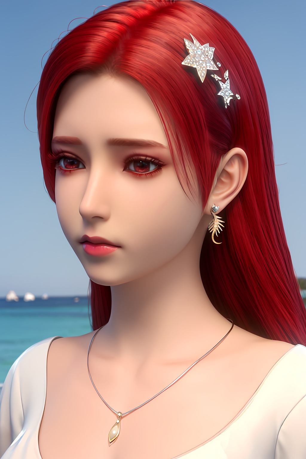 3D,masterpiece,(best quality),(makeup),official art, extremely detailed cg 8k wallpaper,((crystalstexture skin)), (extremely delicate and beautiful),(highly detailed),(1girl), (solo), (jewelry), (earrings),(red_hair),(long_hair),(hair_ornament),(handwear),(breasts),,((portrait)),(white_dress),,((closed_mouth)),(sunshine, outdoor,bed),((looking_at_viewer)),((Facing the camera)), , <lora:hipoly3DModelLora_v10:0.3>
