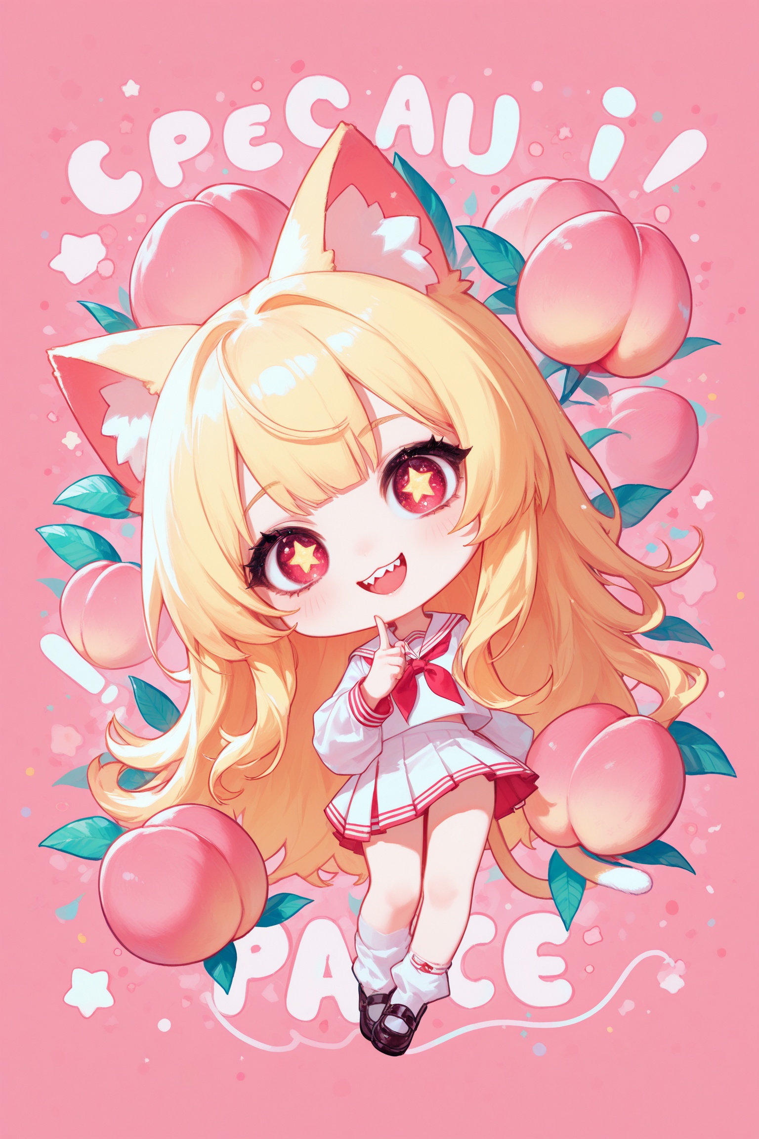masterpiece,best quality,amazing quality,very aesthetic,absurdres,newest,highres,incredibly absurdres,chibi,1girl,solo,cute,yellow hair,red eyes,star-shaped pupils,long hair,serafuku,double teeth,wink,peace,cat ears,pastel pink background,text,peach,