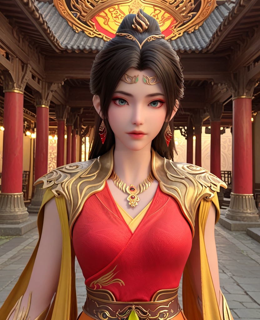 (oriental architecture, elegant decor, sophisticated style:1.1),(pov-high-5:1.1),(breasts:1.2),<lora:XL神墓东方凤凰:0.95>,miss dongfangfenghuang,red dress,sash,pauldrons,necklace,blue eyes,black hair,hair ornament,hair bun,earrings,jewelry,shawl sleeves,bracer,, score_9,score_8_up,score_7_up,score_6_up,score_5_up,score_4_up,3d rendering,tag1,tag2, Cinematic Lighting,backlighting,