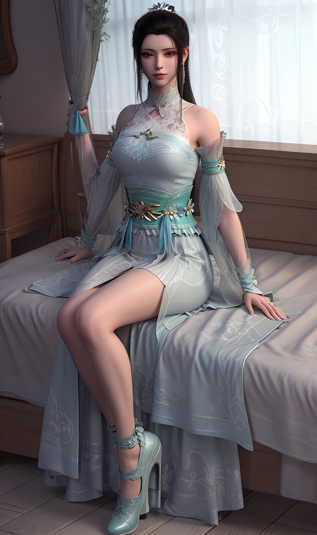3D,masterpiece,(best quality),(makeup),official art, extremely detailed cg 8k wallpaper,((crystalstexture skin)), (extremely delicate and beautiful),(highly detailed),(face),(collar),(hair_bun),(1girl), (solo), (jewelry), (earrings),(black_hair),(long_hair),(hair_ornament),(handwear),(breasts),((sitting)),(bare_shoulders),(detached_sleeves),((full_body,whole_body)),(dress),(skirt),(shiny_clothes),(city,indoor,bed),,(chinese_clothes),(multicolored_clothes),(multicolored_dress),(sash),(long_legs),,((looking_at_viewer)),((Facing the camera)),(shoes),, <lora:hipoly3DModelLora_v10:0.3>