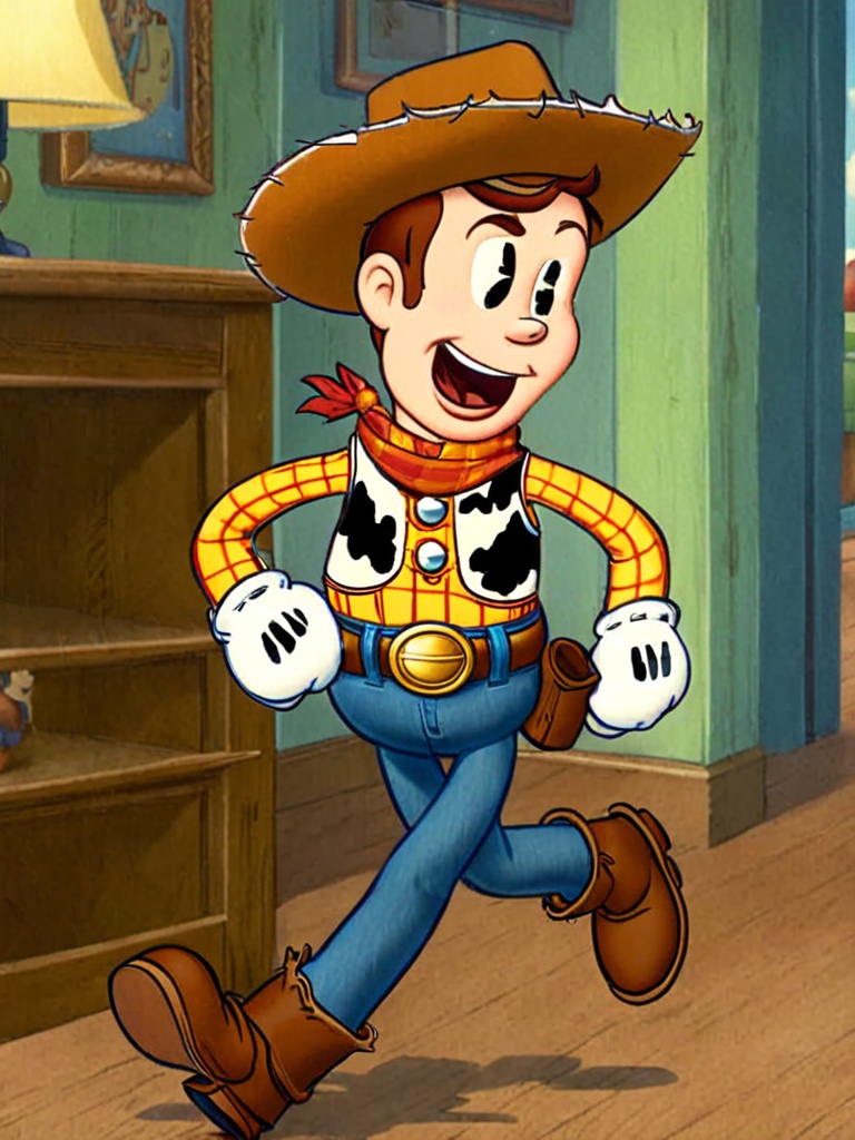 cartoon,  cow-boy woody,  blue jeans running in the hall on Tensor.Art