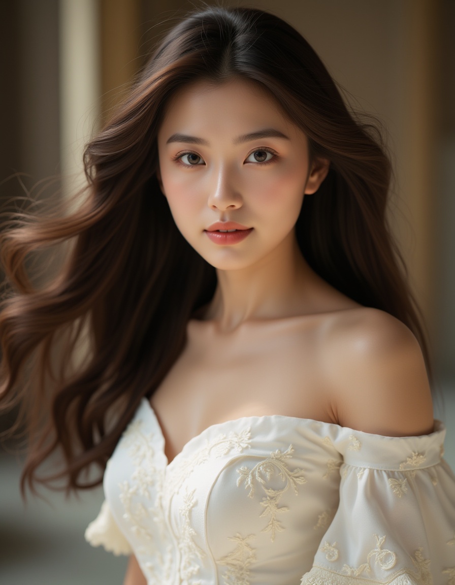 best quality,  masterpiece,  raw photo of a girl in white off-shoulder Rococo which often for ornate details on Tensor.Art