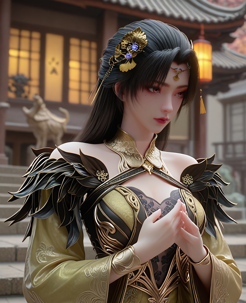 (oriental architecture, elegant decor, sophisticated style:1.1),(fetal position:1.1),(breasts:1.2),<lora:XL16长生界柳如烟:0.95>,miss liuruyan,yellow dress,pink eyes,black hair,long hair,hair ornament,shoulder trim,black lace bra,mole,wide sleeves,overskirt,, score_9,score_8_up,score_7_up,score_6_up,score_5_up,score_4_up,3d rendering,tag1,tag2, Cinematic Lighting,backlighting,