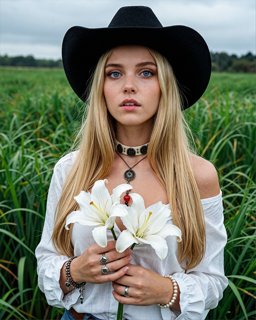 A young Caucasian woman stands in a lush green field under overcast skies,  her long straight blonde hair cascading down h...