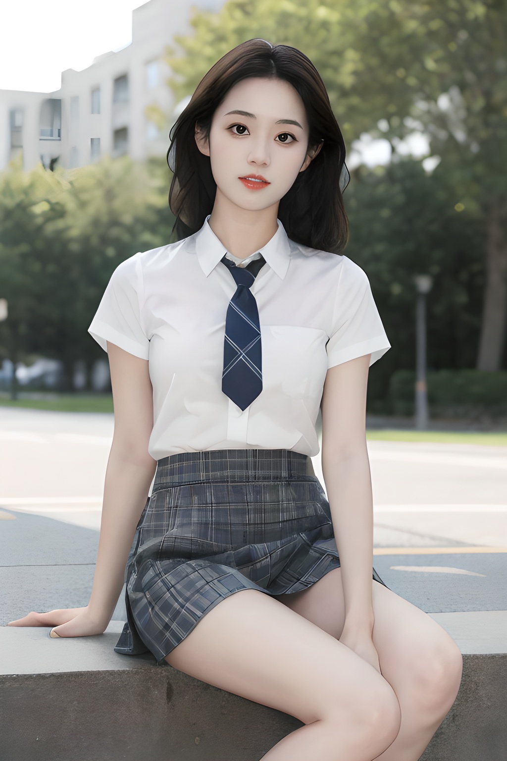 <lora:0827_10:0.7>simple background, 1girl,necktie,plaid skirt,short sleeved white shirt,white legwear,outdoors,looking at viewer,, 1girl,realistic,masterpiece, best quality, photorealistic, HDR,detail
