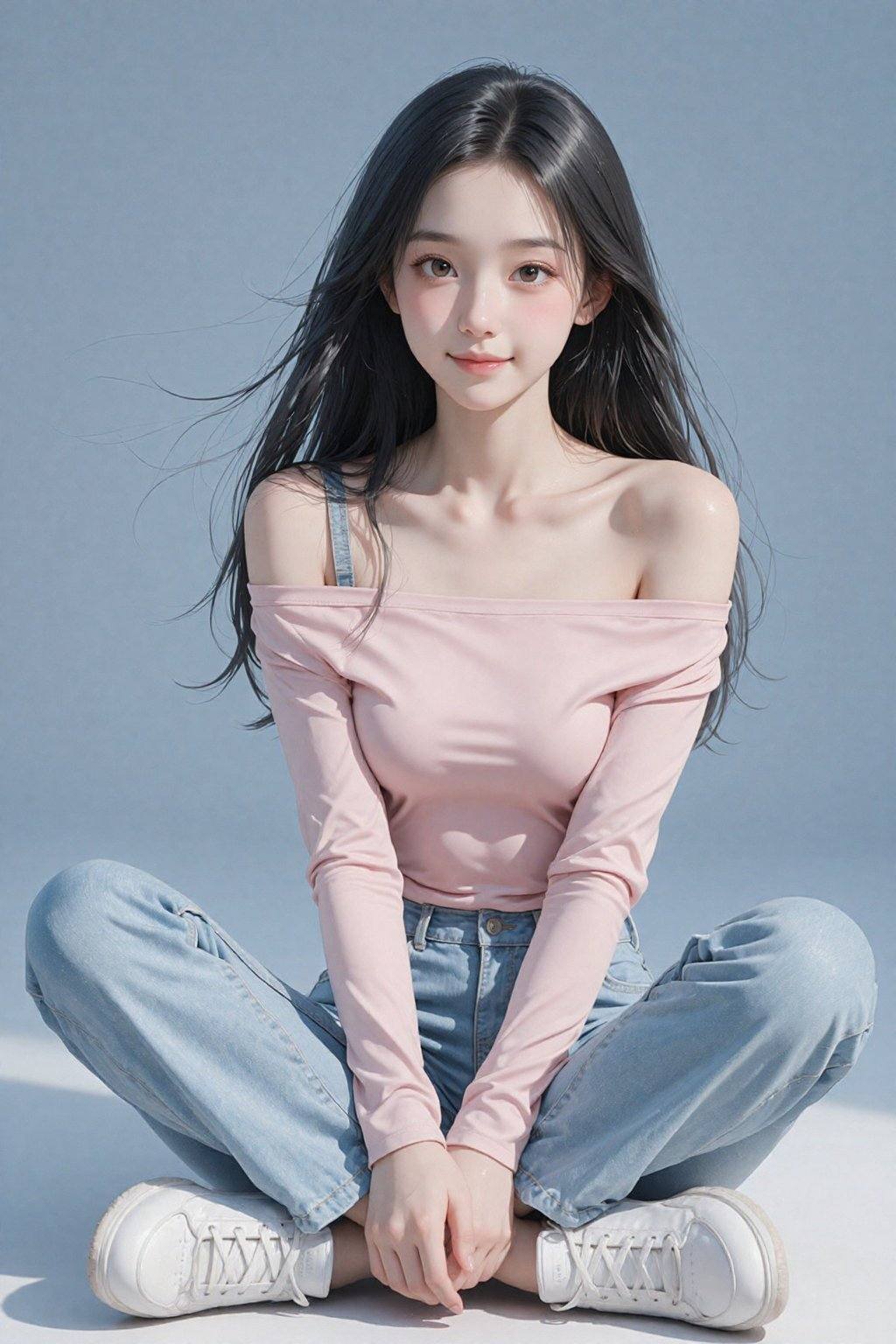 A young Asian woman,  estimated age range of 20-25,  sits cross-legged on Tensor.Art