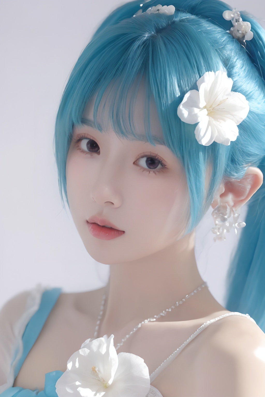 1girl, flower, hair_flower, hair_ornament, earrings, solo, jewelry, hatsune_miku, white_flower, closed_mouth, looking_at_viewer<lora:sifang_20231118123505:0.7>, 