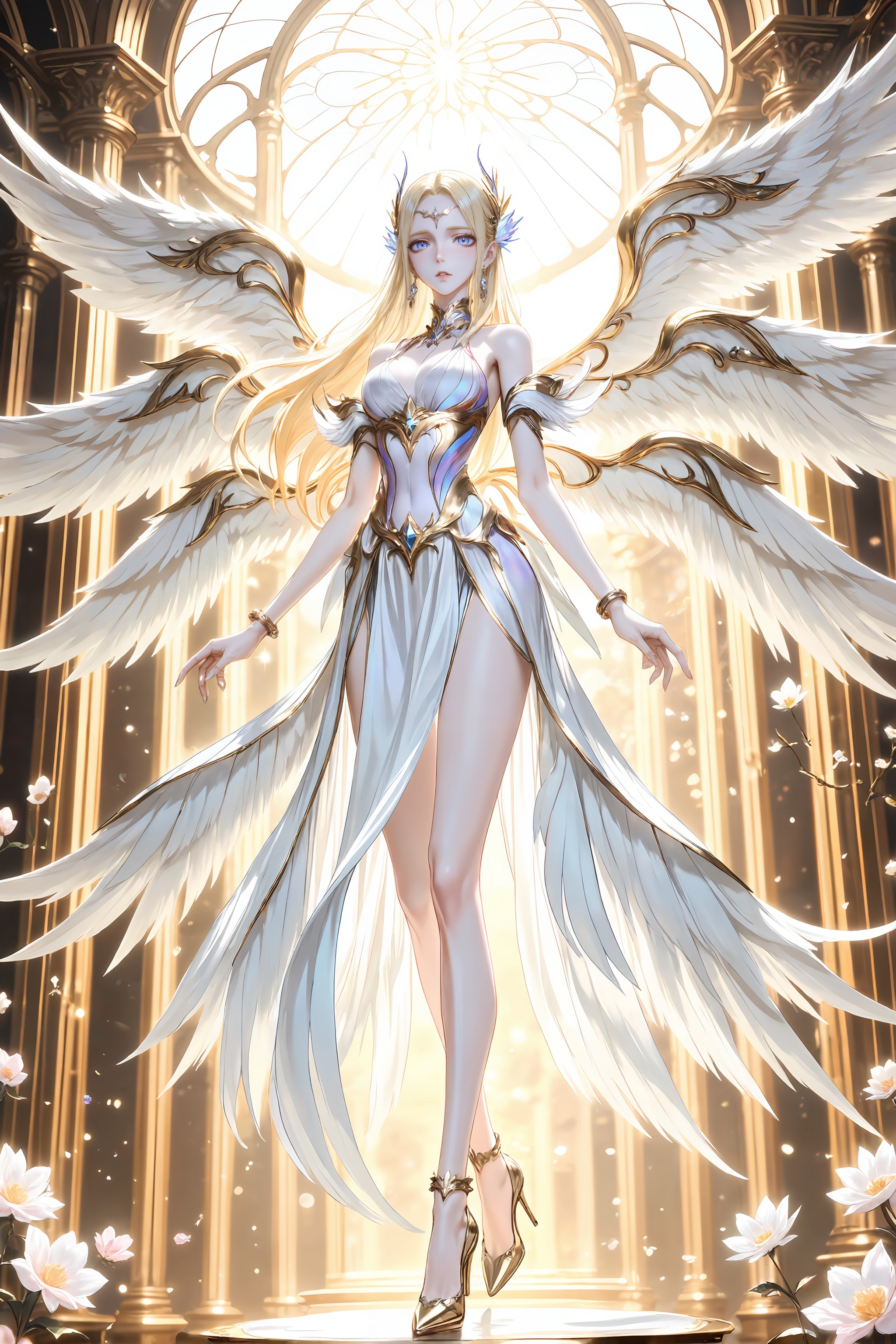 <lora:神装千仞雪-0.0894:0.8>,qianrenxue,1girl,wings,blonde hair,long hair,solo,breasts,dress,high heels,flower,angel wings,white dress,full body,blue eyes,pillar,looking at viewer,bare shoulders,jewelry,multiple wings,white wings,hair ornament,feathered wings,earrings,parted lips,10,close-up details,outstanding style,adding a touch of dimension to your images without compromising details,whirls of vapor,iridescent textures,(Anime:1.1),ethereal ambiance,delicate details,magical high-concept,32K UHD,sharp focus,best-quality,masterpiece,golden hour,unconventional supreme masterpiece,masterful details,temperate atmosphere,with a high-end texture,in the style of fashion photography,photography,cover,dynamic angle,dynamic posture,(artist:quasarcake:0.8),extreme aesthetic,(wlop:0.6),(honjou raita, lack, rella:0.5, wanke),masterpiece,best quality,good quality,very aesthetic,absurdres,visual impact,a shot with tension,ultra-high resolution,32K UHD,sharp focus,best-quality,masterpiece,emotionalization,unconventional supreme masterpiece,masterful details,temperate atmosphere,with a high-end texture,in the style of fashion photography,(visual impact:1.2),giving the poster a dynamic and visually striking appearance,impactful picture,official art,colorful,splash of color,movie perspective,masterpiece,best quality,amazing quality,very aesthetic,absurdres,best quality,newest,