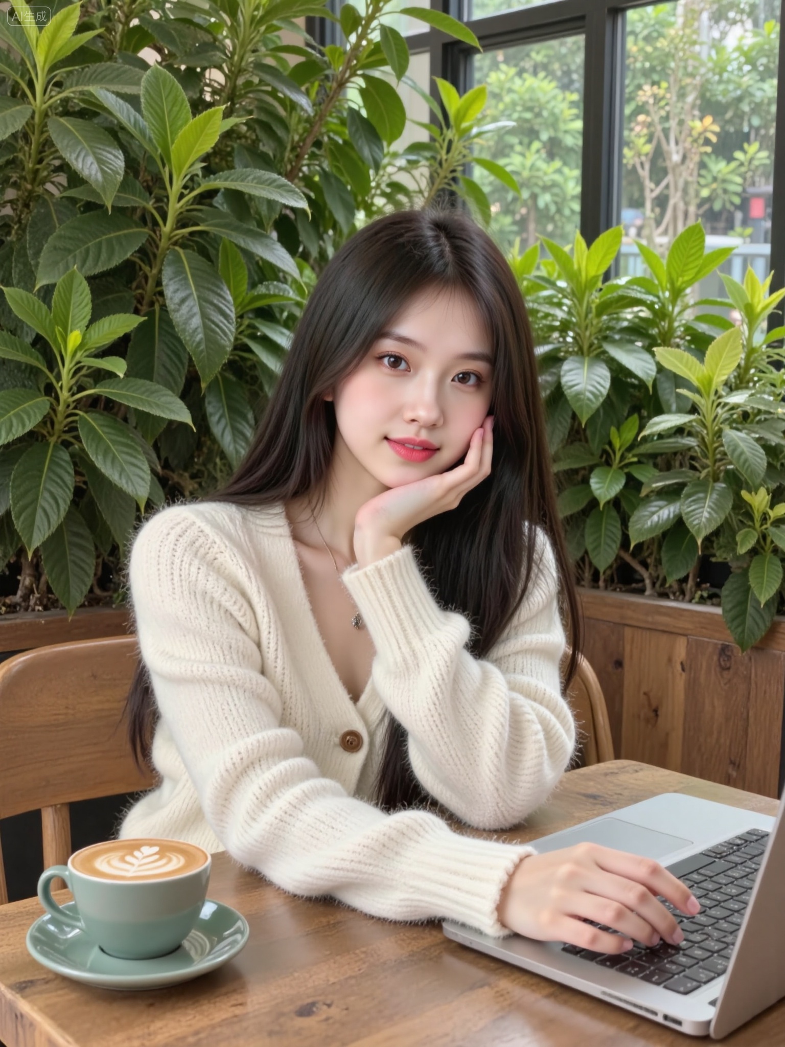 photograph of an east asian woman with long, straight black hair and fair skin, sitting at a wooden table in a cozy café, she wears a white, chunky knit cardigan with wooden buttons and rests her chin on her right hand, smiling softly at the camera, her left hand rests on a silver laptop, in front of her is a green ceramic cup with a latte featuring intricate foam art, the background is filled with lush green indoor plants, and a large window allows natural light to illuminate the scene, the café has a warm, inviting atmosphere with brown wicker chairs, Negative prompt: ng_deepnegative_v1_75t,(badhandv4:1.2),EasyNegative,(worst quality:2),,nsfw, Steps: 30, Sampler: Euler, CFG scale: 3.5, Seed: 2619065528, Size: 768x1024, Model hash: 0734f0ab2a, Model: F.1 模型下载版-黑暗森林工作室_fp16.sft, Denoising strength: 0.75, RNG: CPU, Lora 1: F.1-南音浅浅-网感女生自拍照03, Lora Hash 1: 9ce35b7e07, Lora Weight 1: 0.8, vae_name: automatic, Hires resize: 1536x2048, Hires steps: 30, Hires upscaler: R-ESRGAN_4x+