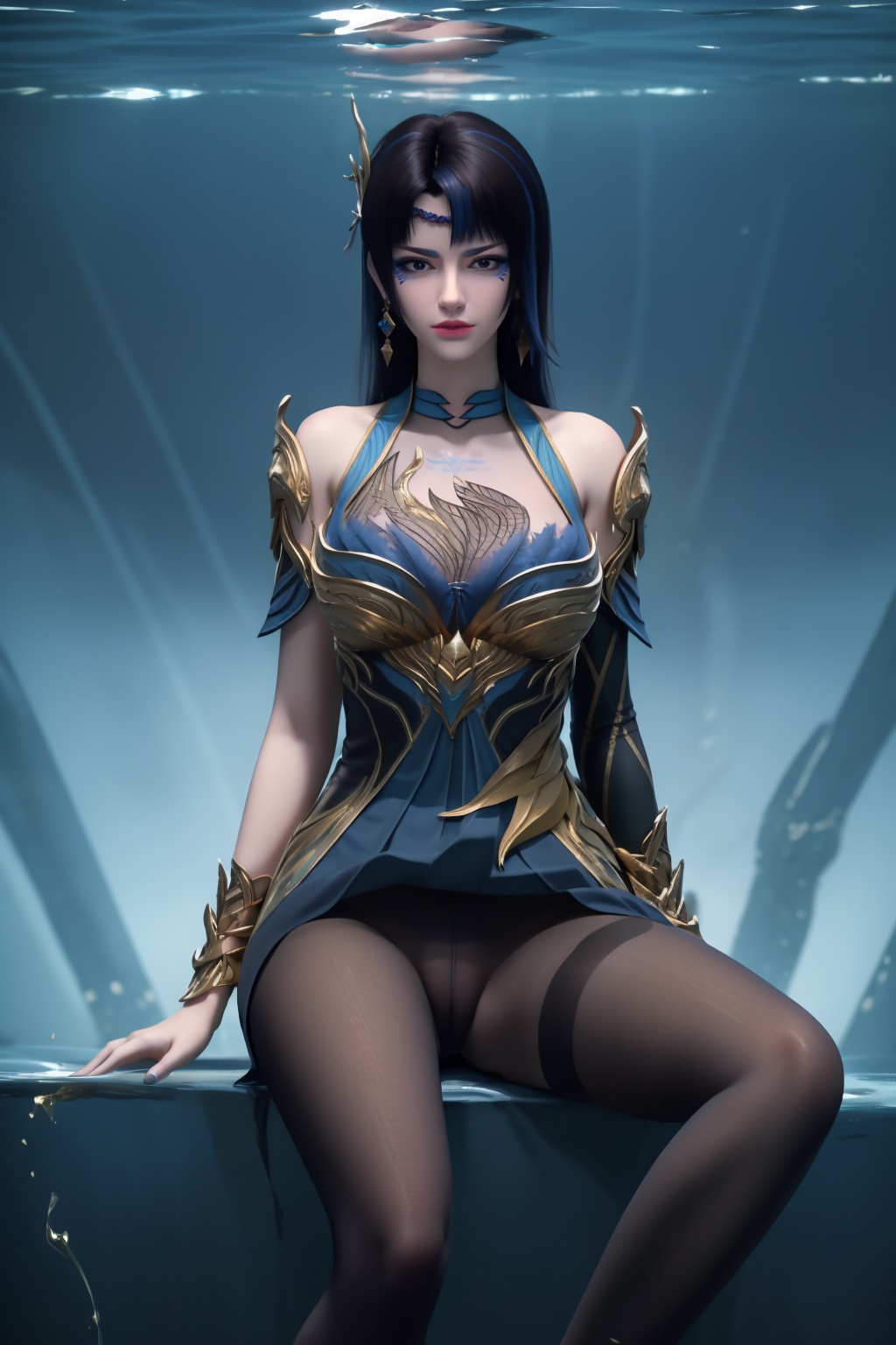 1girl,underwater,submerged,floating hair,air bubble,holding breath,see-through,masterpiece,best quality,highly detailed,fish,(wide hip:1.2),jellyfish,earrings,hair ornament,sea weed,coral reef,shark,sea turtle,sexy pose,chinese dress,chinese clothes,huge breasts,black pantyhose,(looking at viewer:1.2),sitting,(spread legs),perfect cameltoe,(torn pantyhose),,