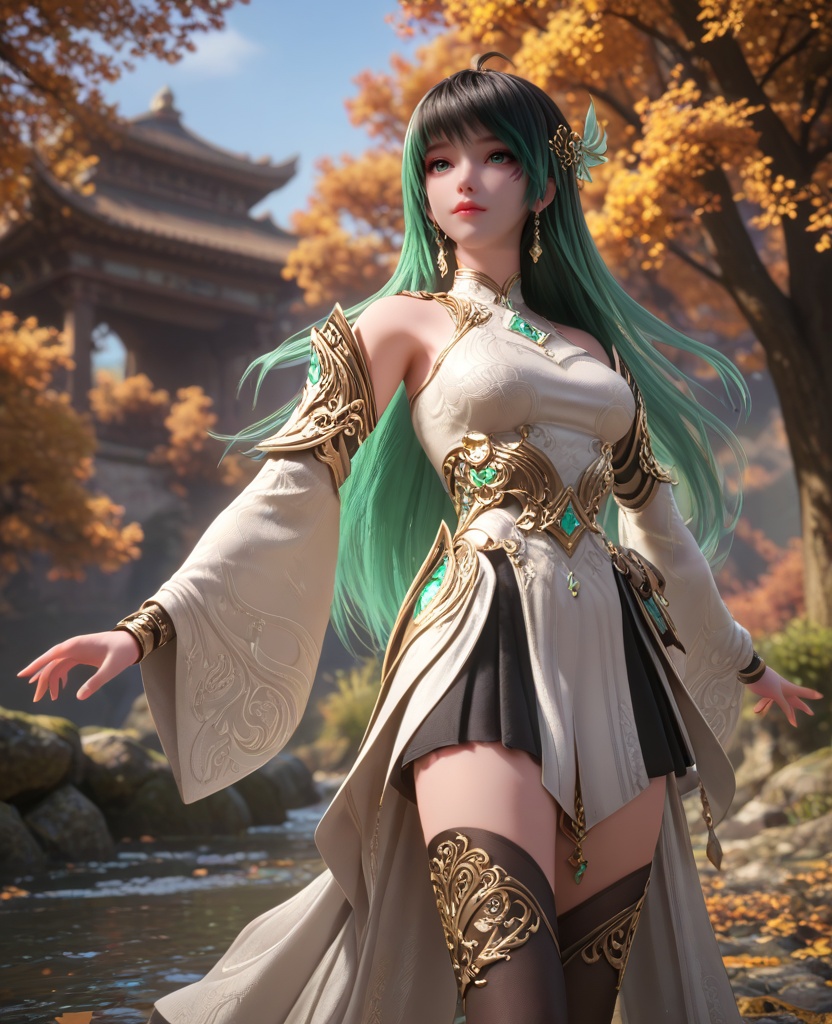 (oriental architecture, elegant decor, sophisticated style:1.1),(Standing with hands on the hips, looking up,:1.1),(breasts:1.2),<lora:XL16克金玩家林紫玥新手村:0.95>,miss linziyue,white corset top with coattails,black miniskirt,green eyes,aqua ombre hair,very long hair,hair ornament,jewelry,earrings,detached sleeves,black thighhighs,, score_9,score_8_up,score_7_up,score_6_up,score_5_up,score_4_up,3d rendering,tag1,tag2, Cinematic Lighting,backlighting,, zPDXL3, zPDXL2,zPDXL, zPDXLxxx, zPDXLrl,